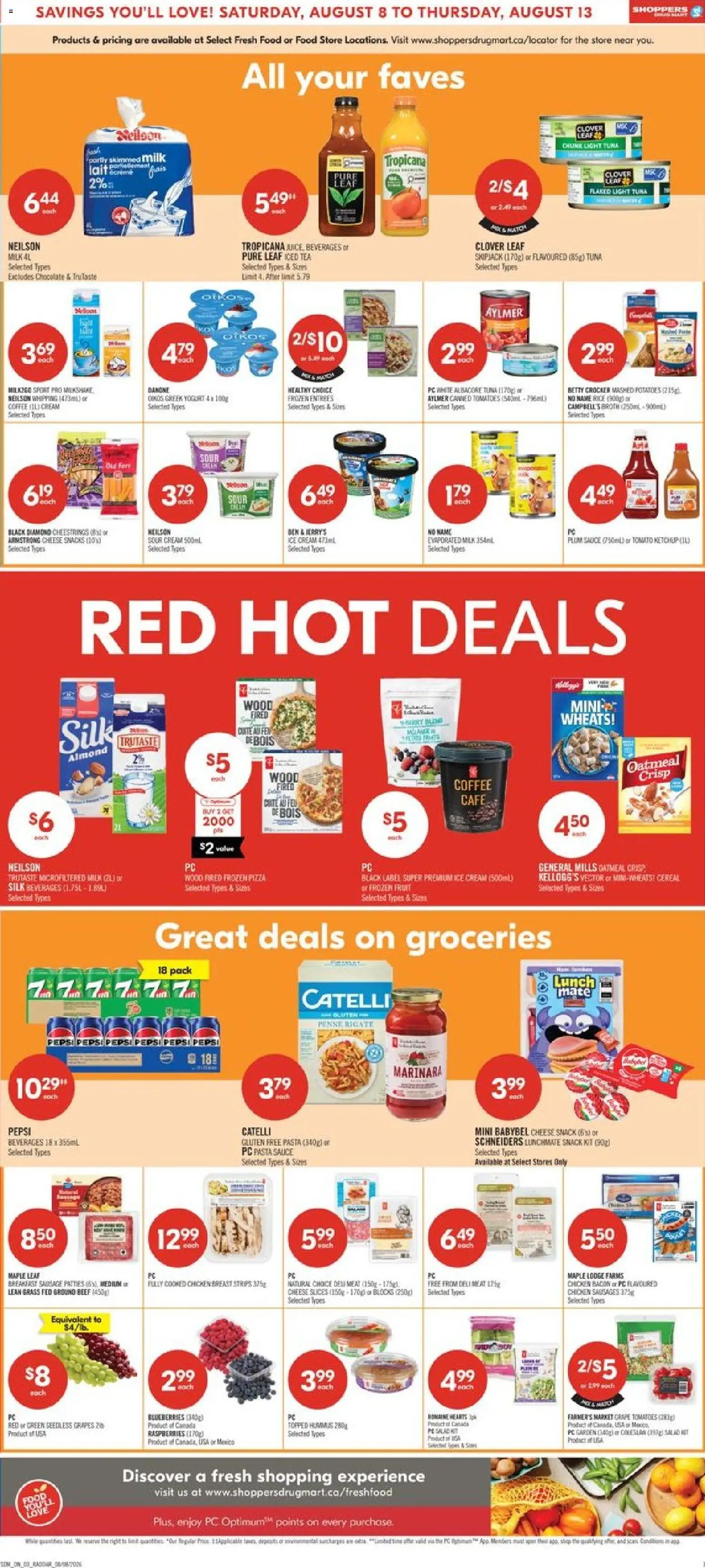Shoppers flyer valid from Aug 7, 2026 | Page: 4 | Products: Oatmeal, PC, Pepsi, Milk