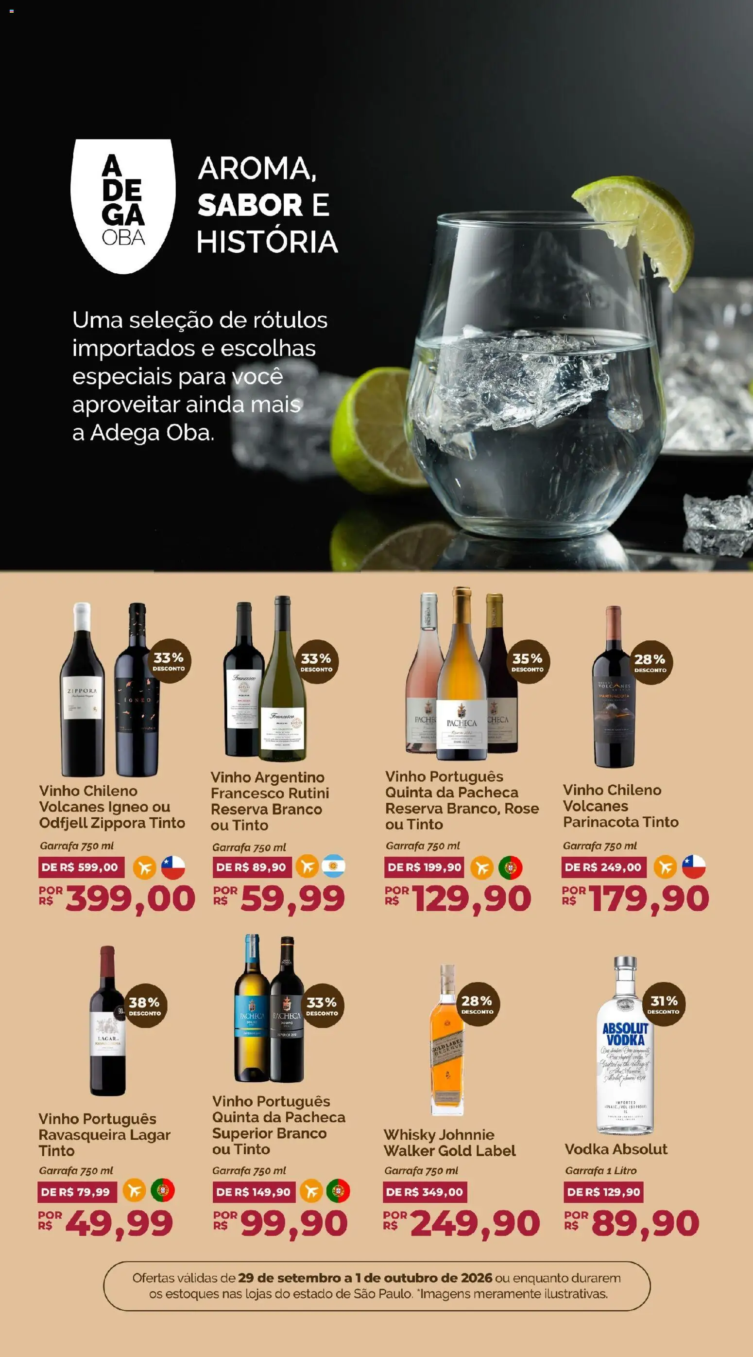 Oba Hortifruti Folheto - válido de 29/09/2026 | Página: 7 | Produtos: Vodka Absolut, Whisky, Vinho, Vodka