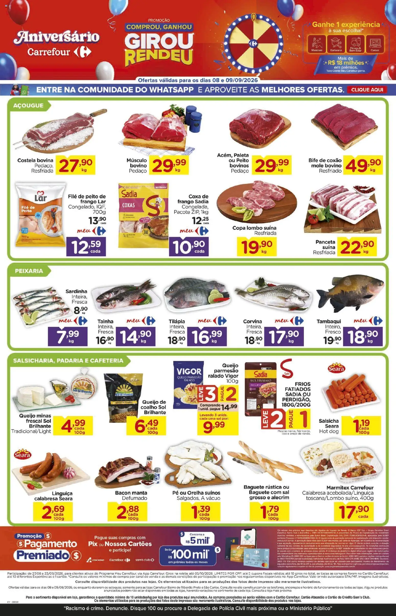 Carrefour Bairro Folheto - válido de 08/09/2026 | Página: 2 | Produtos: Costela bovina, Baguete, Tilápia, Bacon
