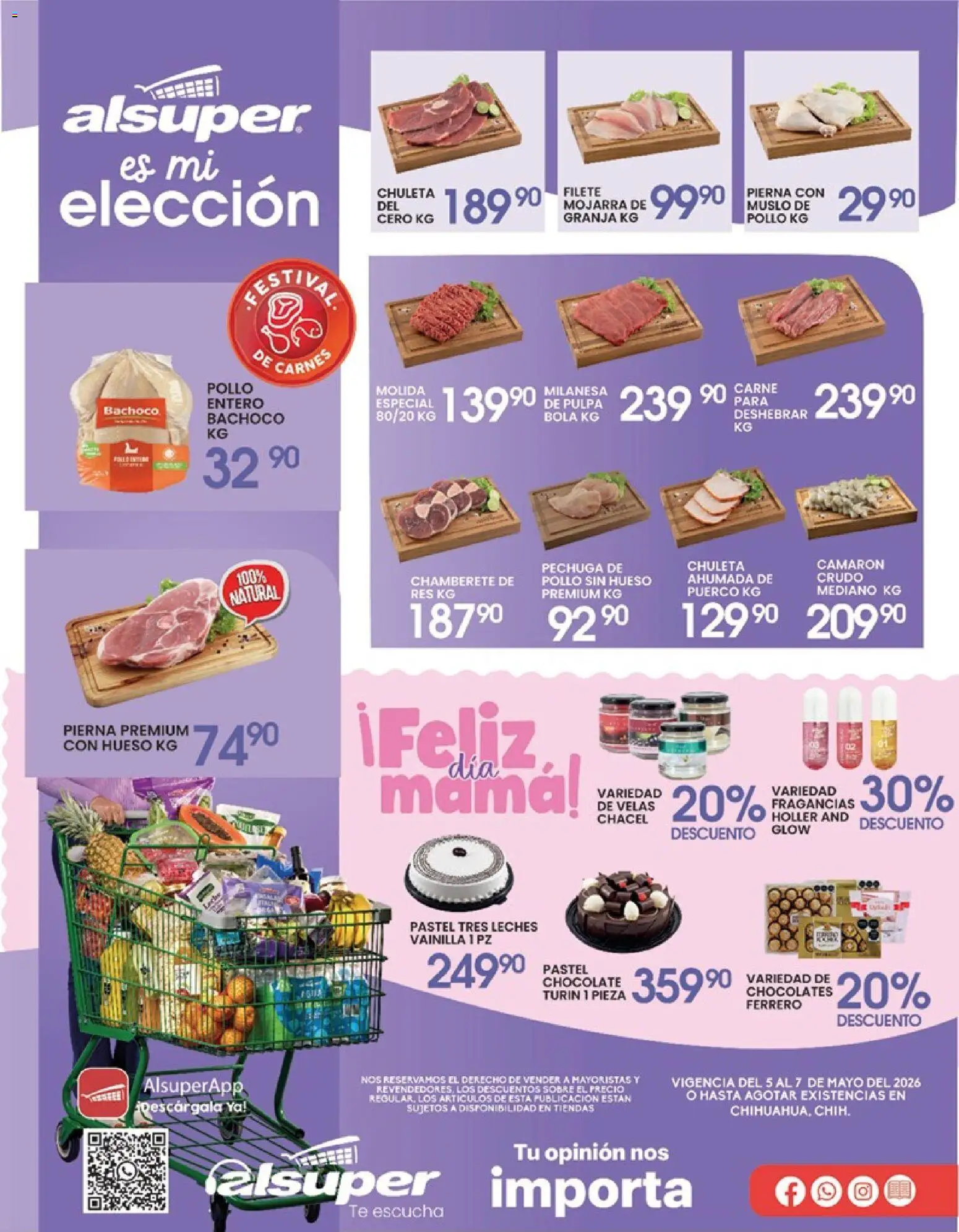 Nuevas ofertas de Alsuper válidas en toda la República Mexicana desde el 05.05.2026. ¡Encuentra las mejores ofertas en Alsuper folleto Chihuahua-Ciudad! | Página: 1 | Productos: Pollo, Chocolate, Res, Sobre