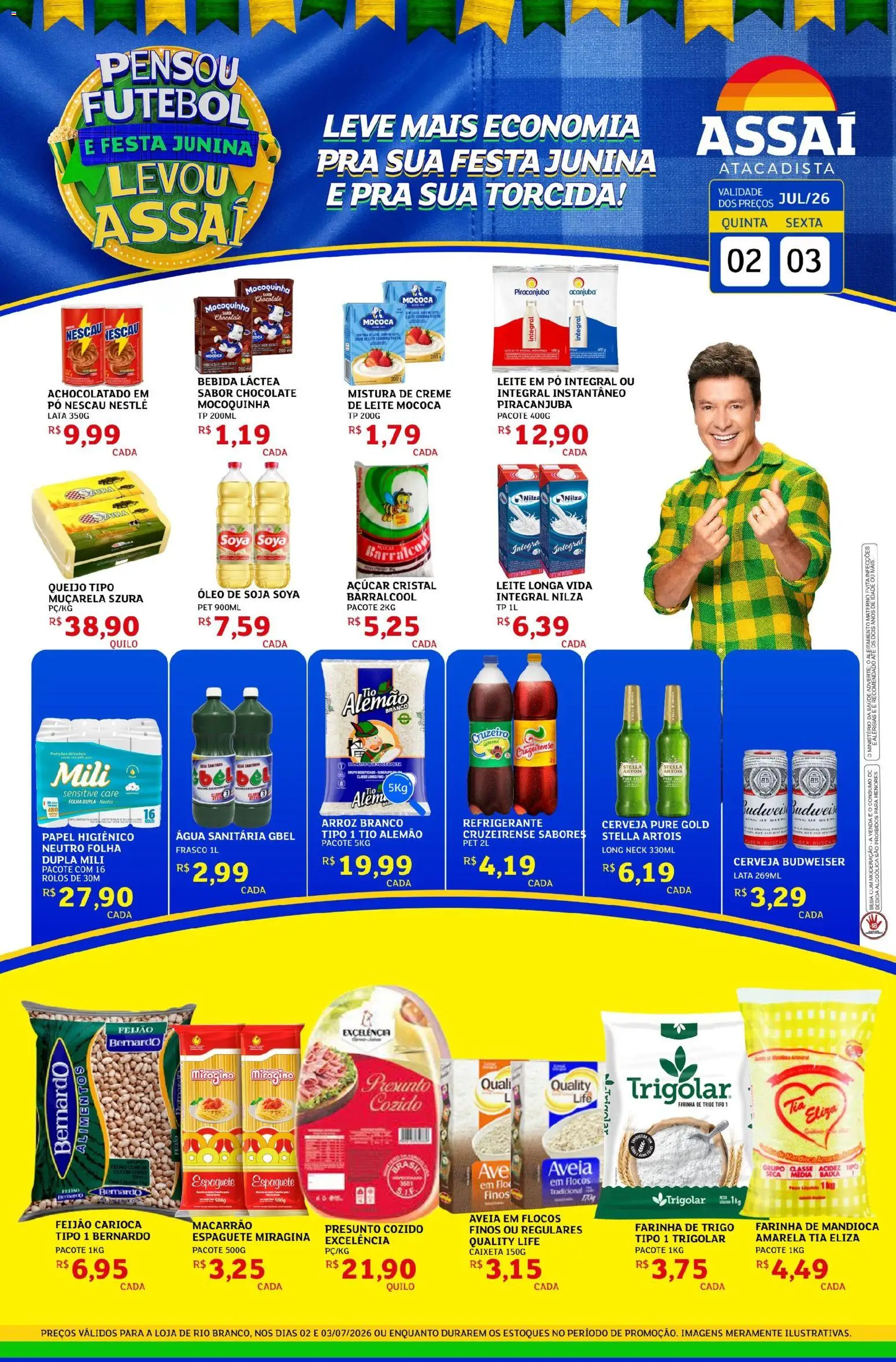Assaí Atacadista Folheto - válido de 02/07/2026 | Página: 1 | Produtos: Leite, Muçarela, Bebida, Açúcar