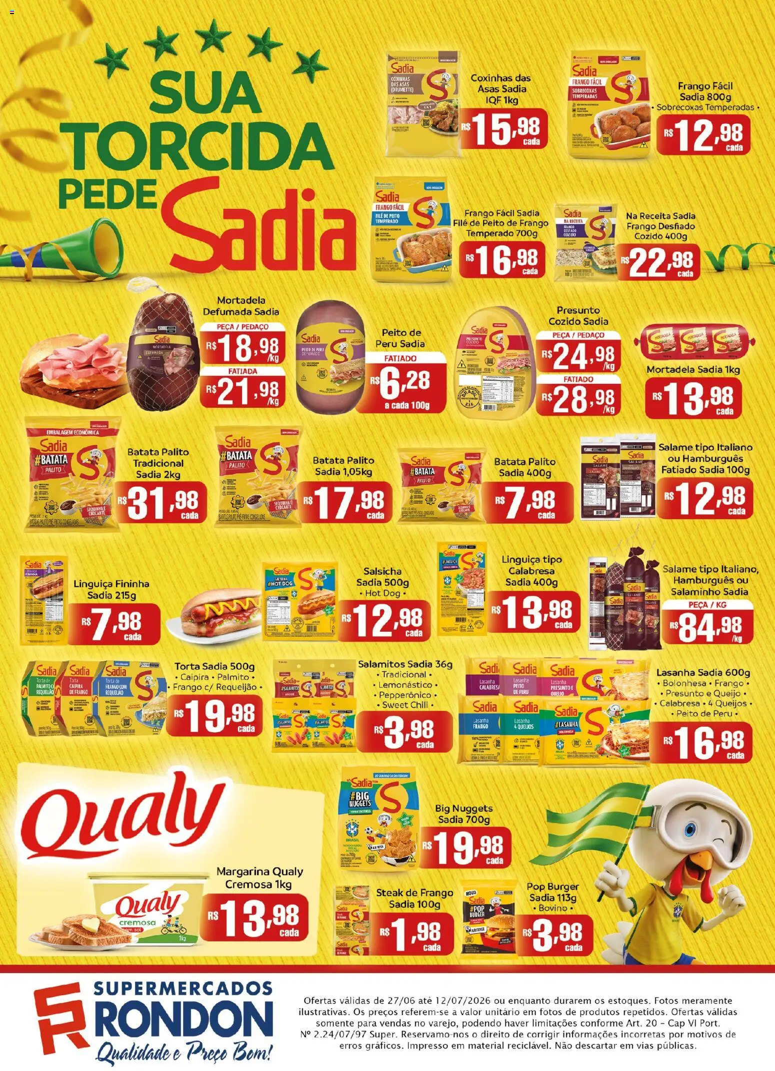 Supermercados Rondon Folheto - válido de 27/06/2026 | Página: 2 | Produtos: Linguiça, Peito de peru, Batata, Margarina