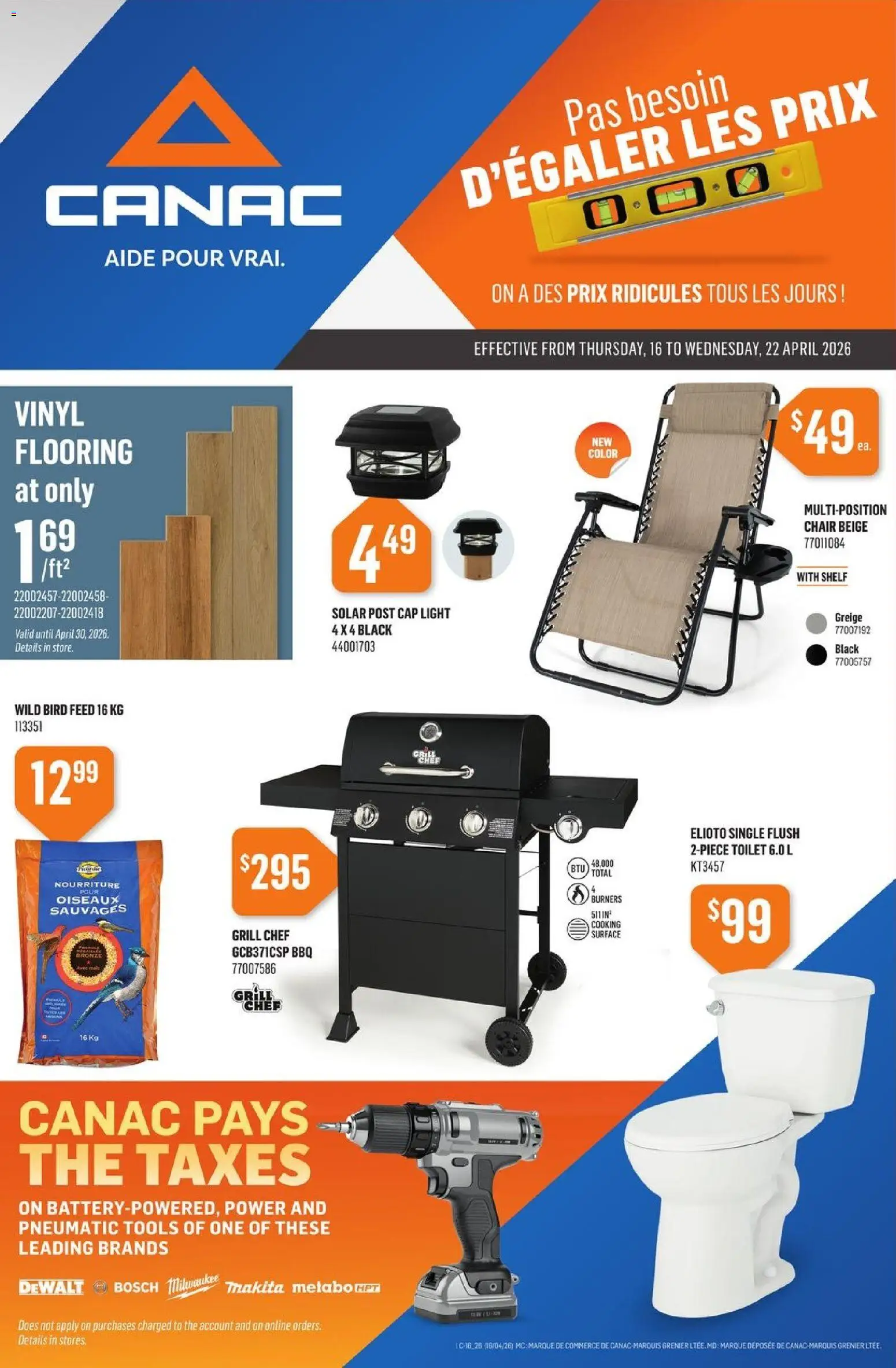 Canac flyer valid from 16.04.2026 | Page: 1 | Products: Cap, Grill, Shelf, Chair