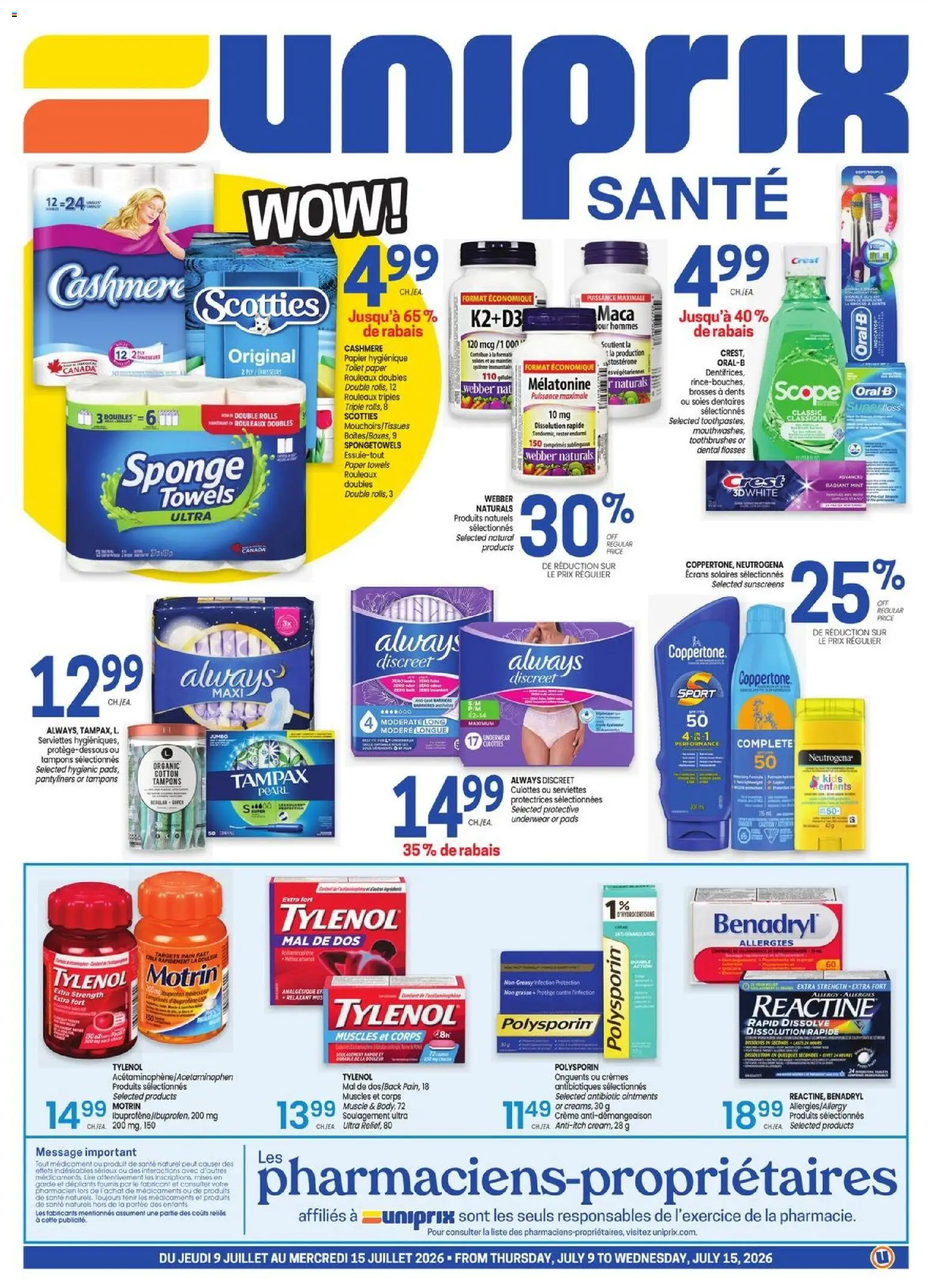 Uniprix flyer valid from Jul 9, 2026 | Page: 1 | Products: Sponge, Underwear