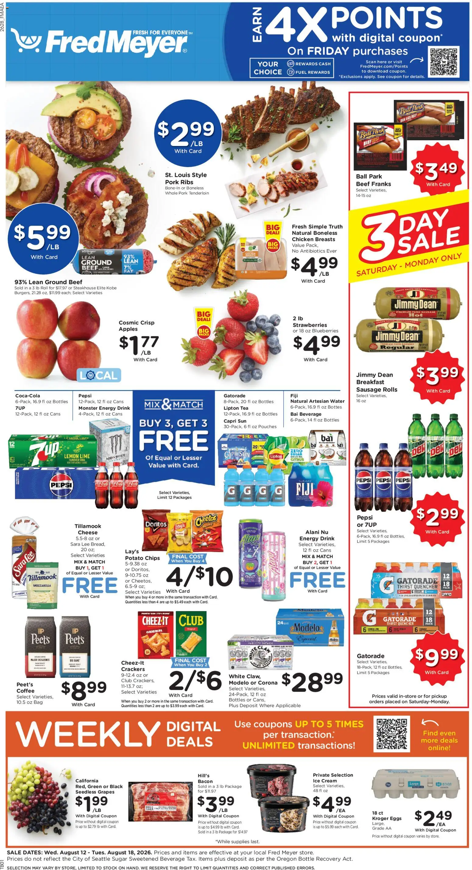 Fred Meyer Weekly Ad - valid from 08/12/2026 | Page: 1 | Products: Eggs, Pork, Chicken breasts, Chips