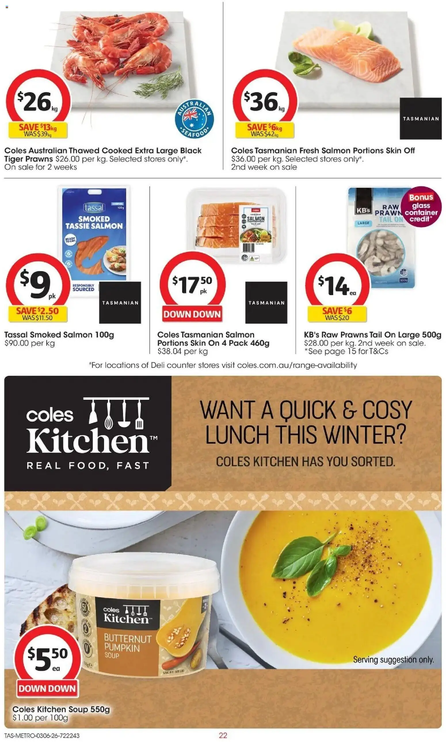 Coles catalogue - valid from 02.06.2026 | Page: 22 | Products: Prawns, Salmon, Soup, Pumpkin