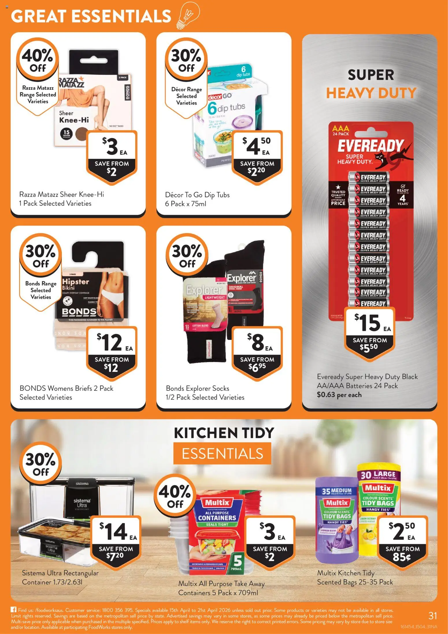 Foodworks catalogue - valid from 15.04.2026 | Page: 31 | Products: Bikini, Socks, Briefs, Batteries