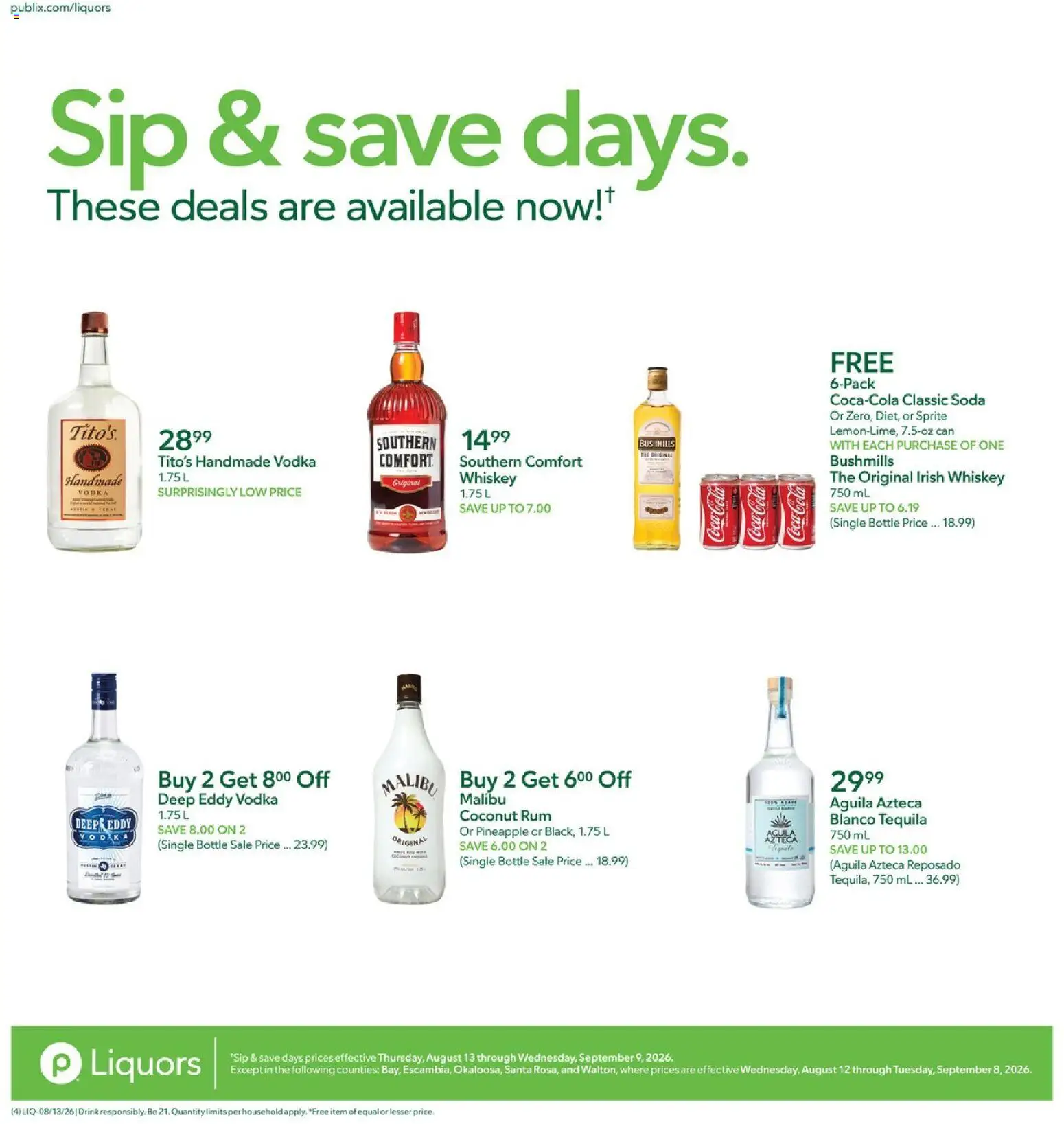 Publix Liquor Ad - valid from 08/13/2026 | Page: 4 | Products: Malibu, Vodka, Whiskey, Rum