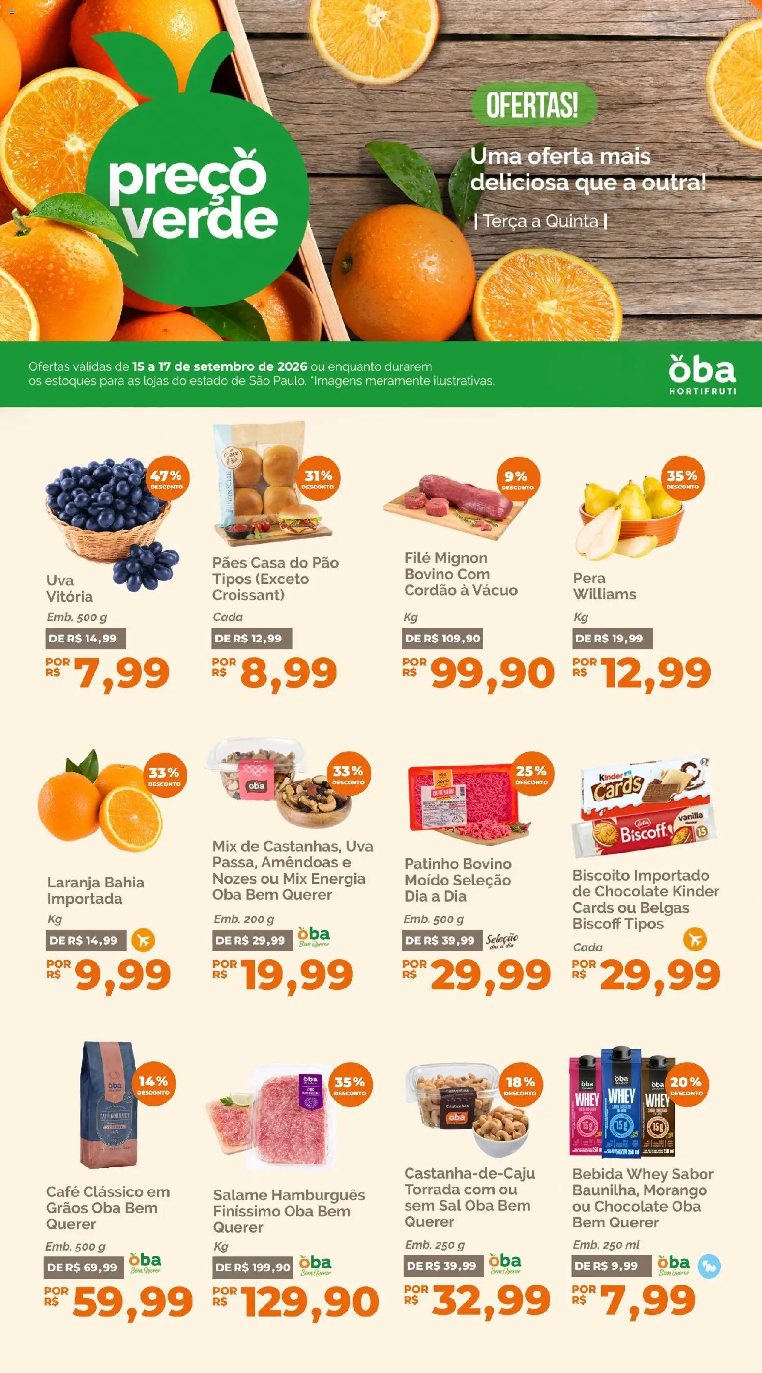 Oba Hortifruti Folheto - válido de 15/09/2026 | Página: 1 | Produtos: Pera, Filé mignon, Chocolate, Nozes