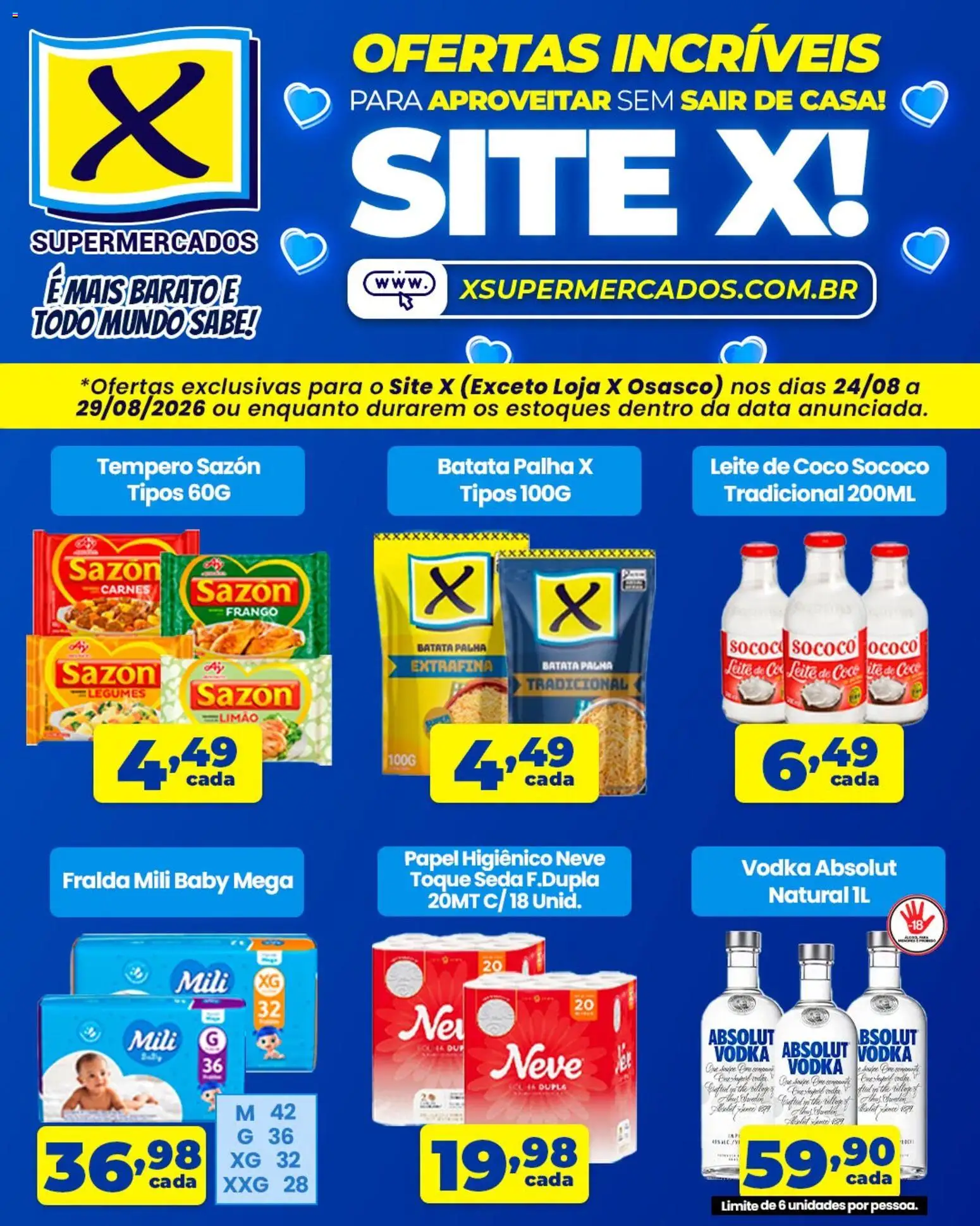 X Supermercados Folheto - válido de 24/08/2026 | Página: 1 | Produtos: Vodka Absolut, Batata, Papel higiênico, Leite de coco
