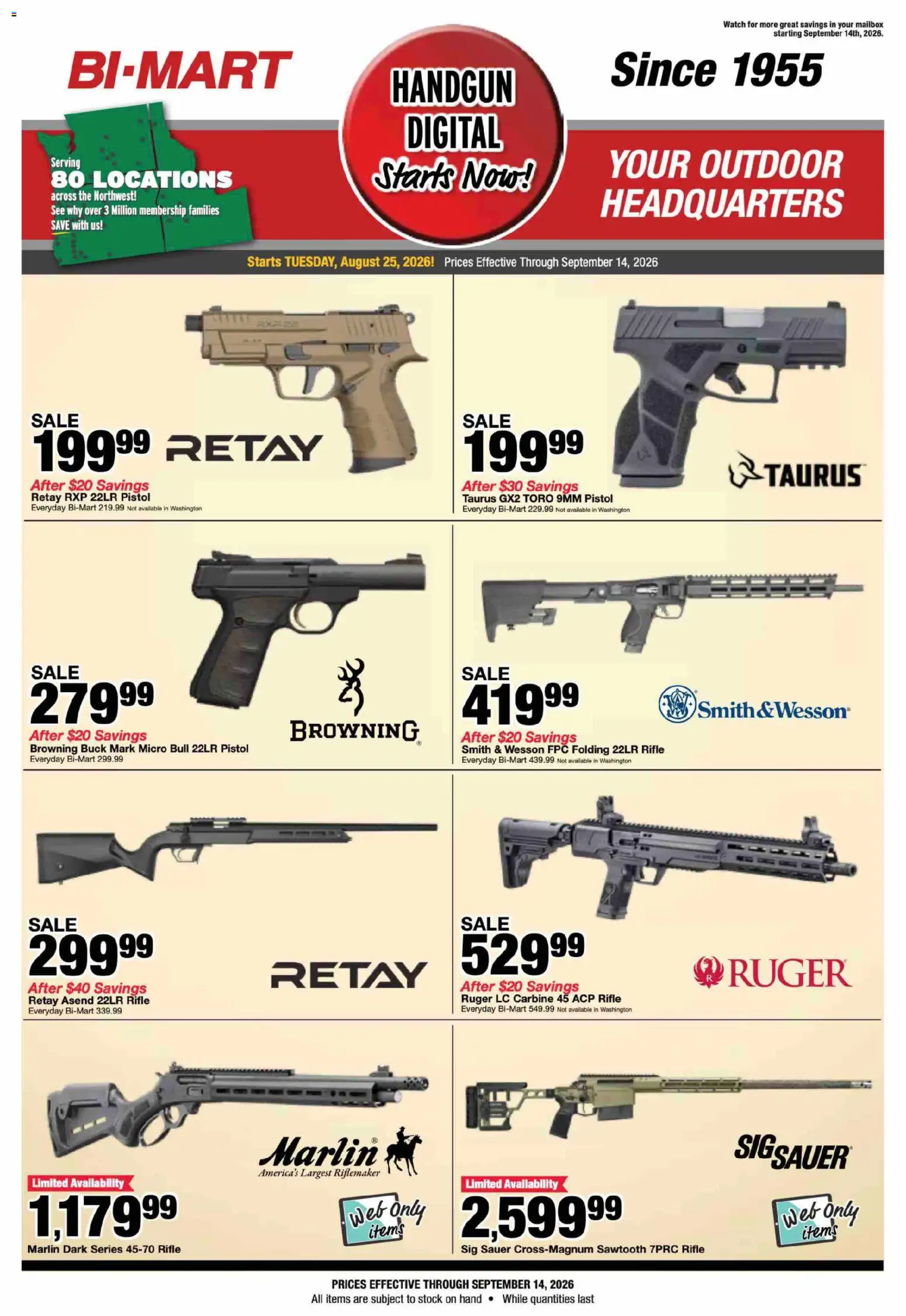 Bi-Mart Firearm Savings Guide - valid from 08/25/2026 | Page: 1 | Products: Watch, Handgun, Rifle