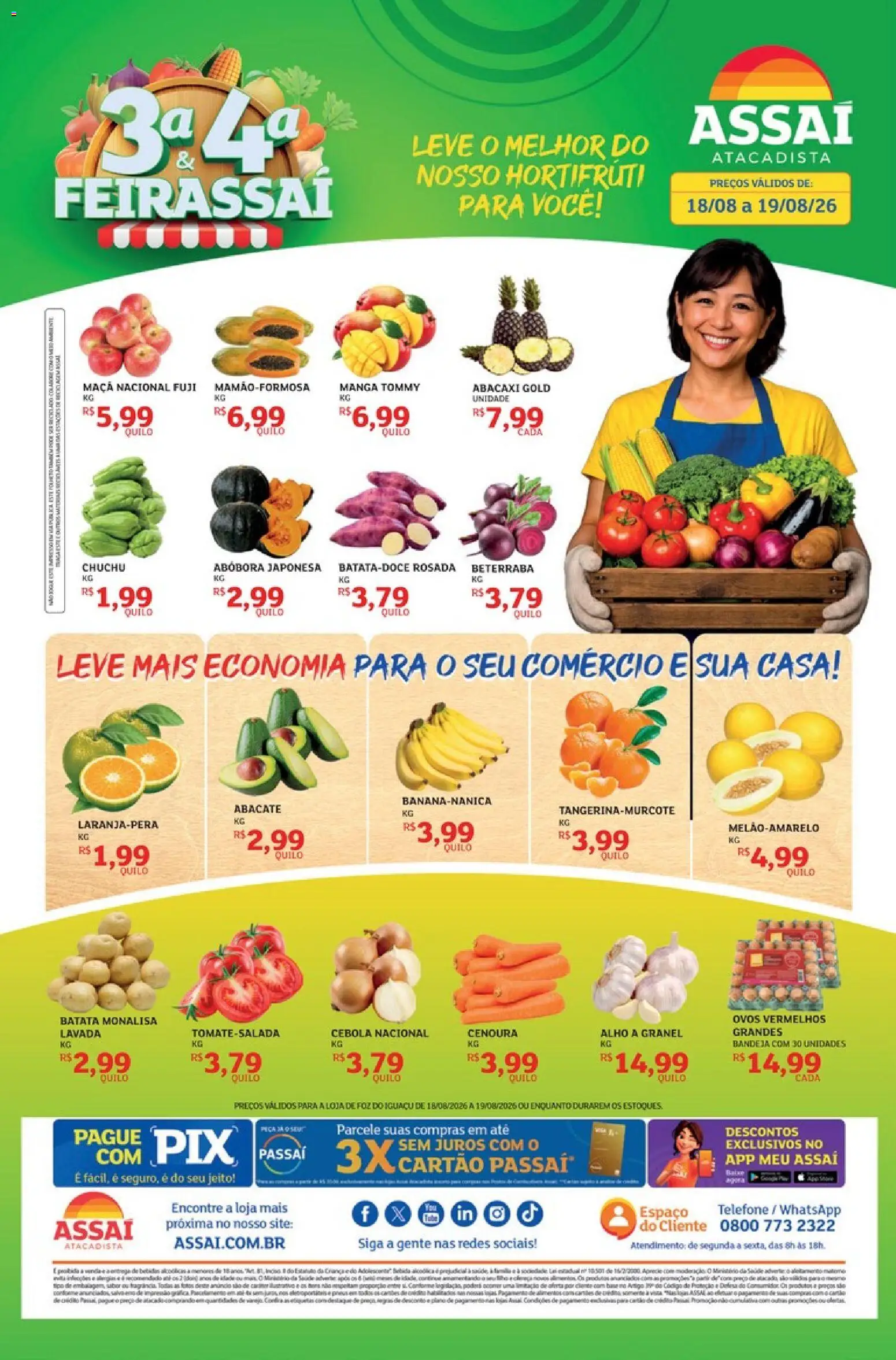 Assaí Atacadista Folheto - válido de 18/08/2026 | Página: 1 | Produtos: Cebola, Ovos, Manga, Telefone