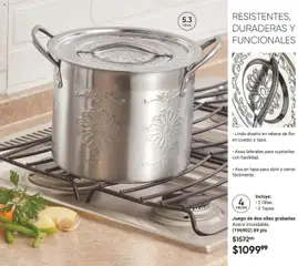 Vista previa de Juego de dos ollas grabadas Acero inoxidable. (196902) 89 pts, Set of two stainless steel pots with engraved design, includes 2 pots and 2 lids., nuevo folleto de la tienda, válido en México a partir del 24.04.2026 | Página: 139 | Productos: Juego