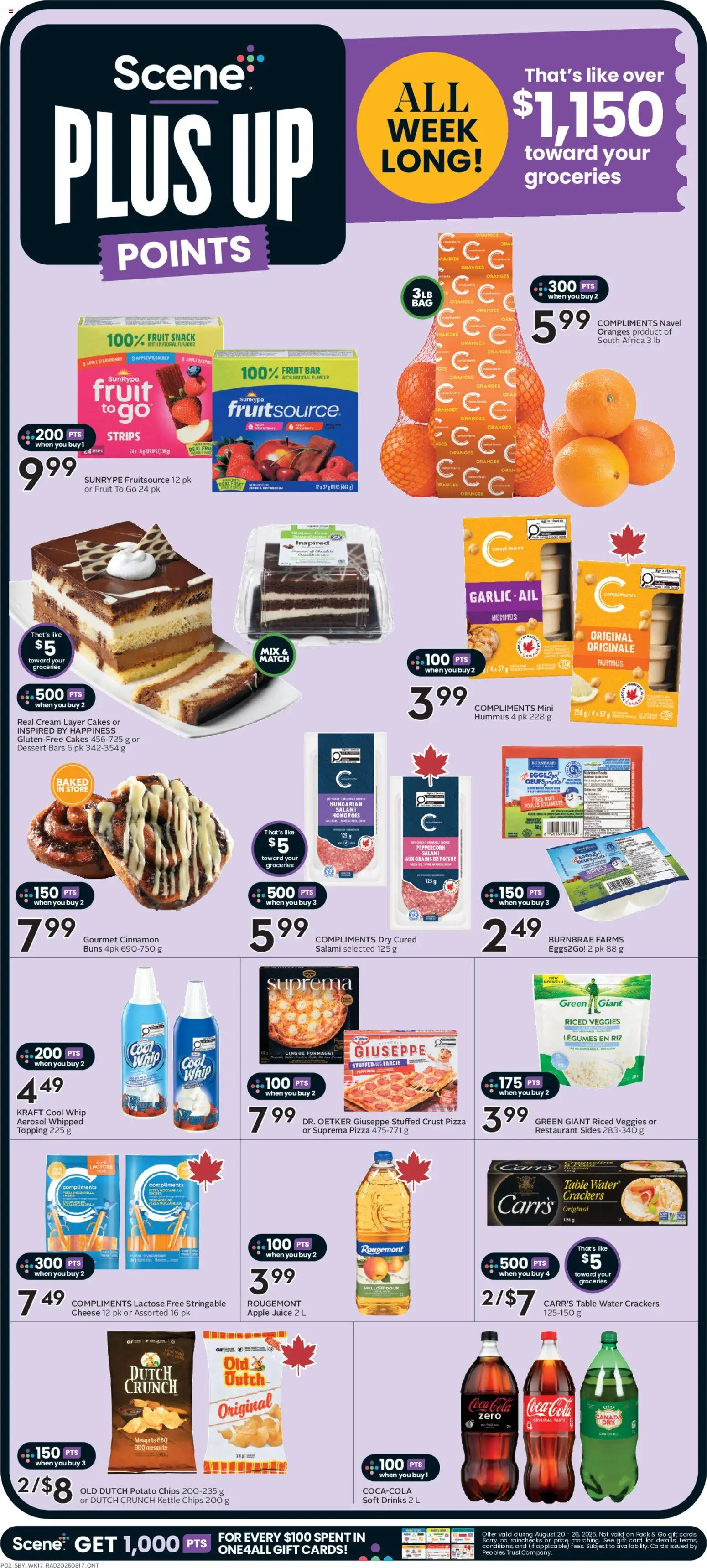 Sobeys flyer valid from Aug 20, 2026 | Page: 5 | Products: Apple juice, Drinks, Cheese, Pizza