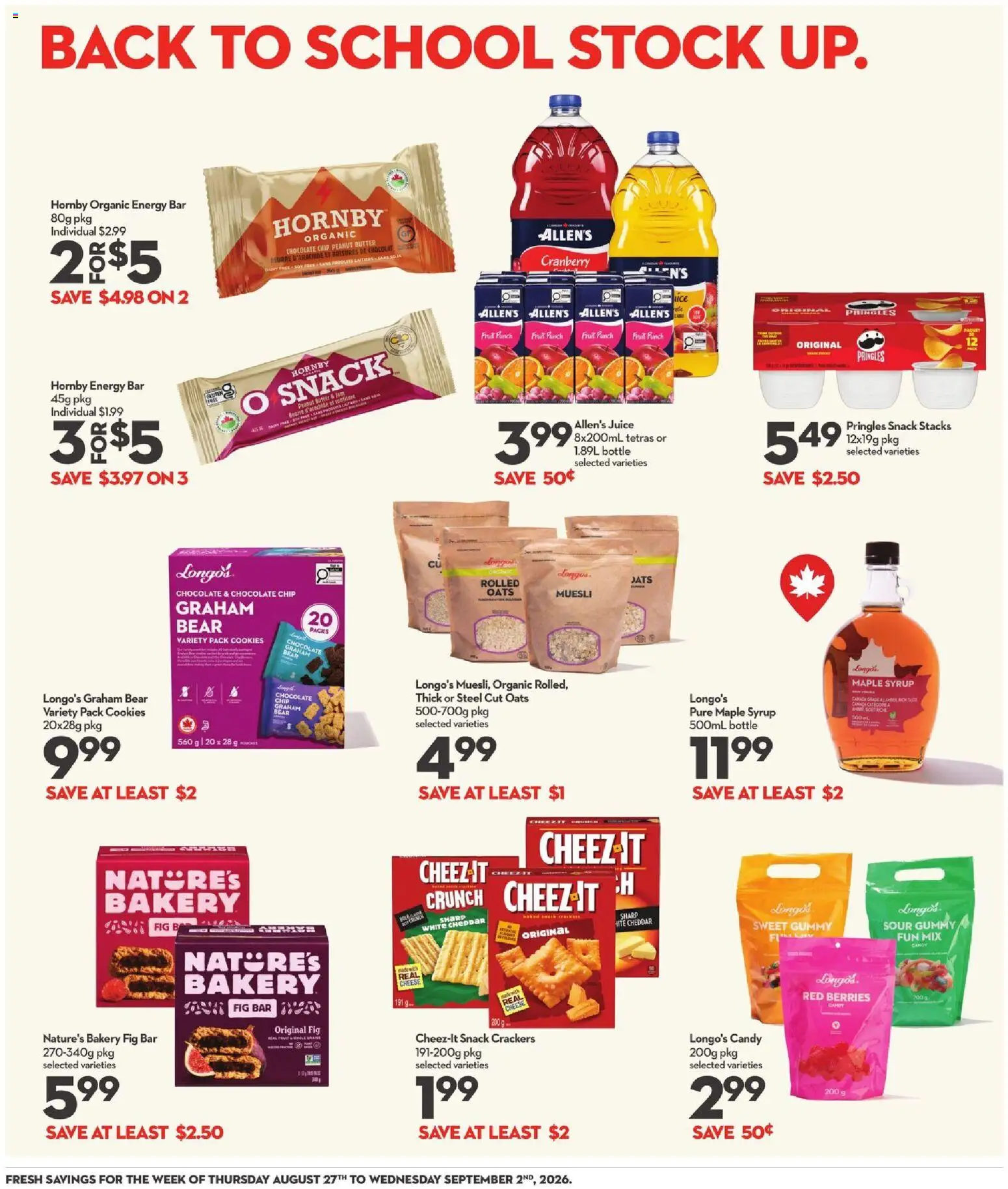 Longo's flyer valid from Aug 27, 2026 | Page: 13 | Products: Oats, Crackers, Maple syrup, Syrup