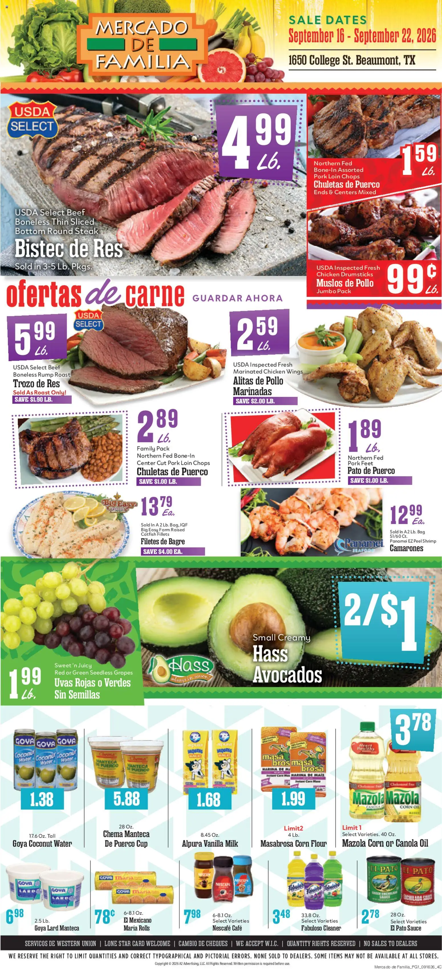 Market Basket Mercado de Familia Weekly Ad - valid from 09/16/2026 | Page: 1 | Products: Chicken wings, Beef, Flour, Coconut