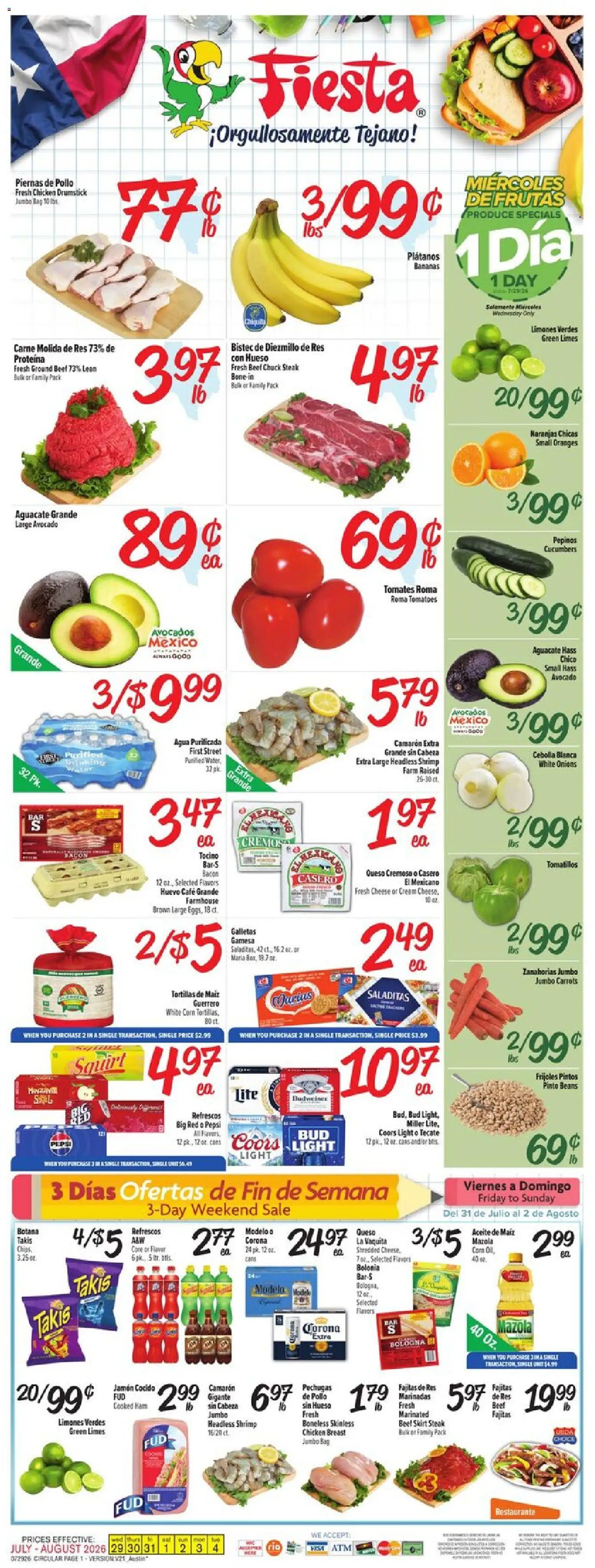 Fiesta Mart Weekly Ad - valid from 07/29/2026 | Page: 1 | Products: Cheese, Tomatoes, Bananas, Cream
