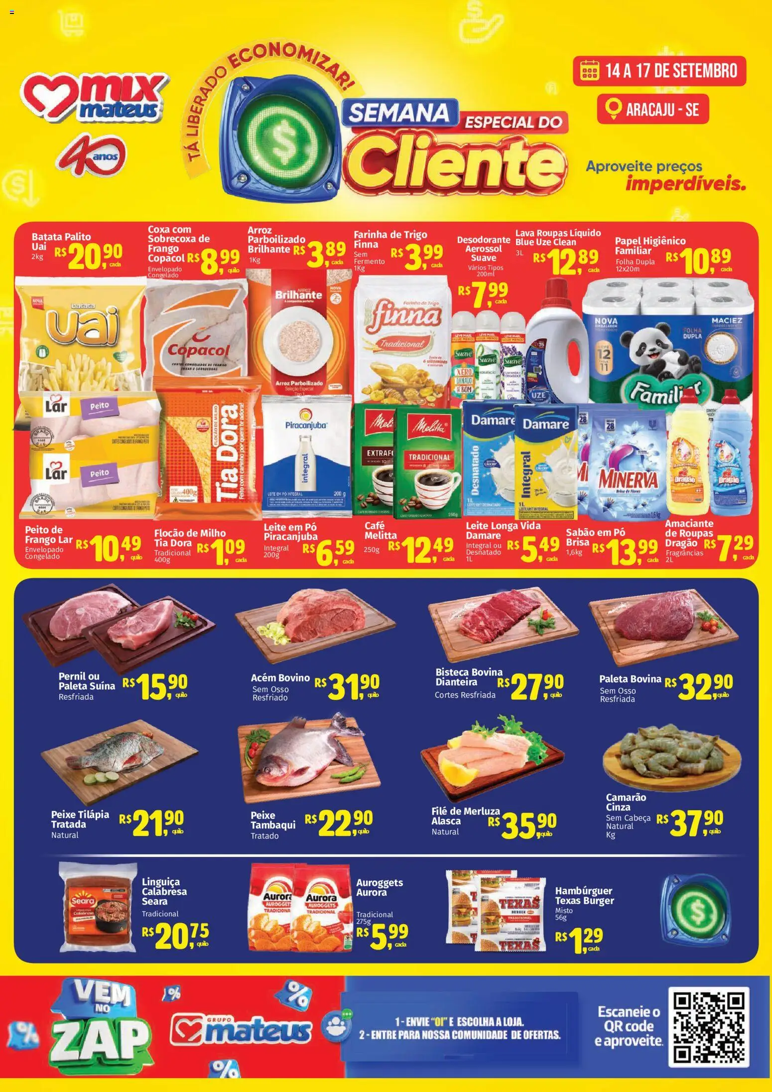 Mateus Folheto - válido de 14/09/2026 | Página: 1 | Produtos: Farinha, Paleta suína, Peixe, Roupas