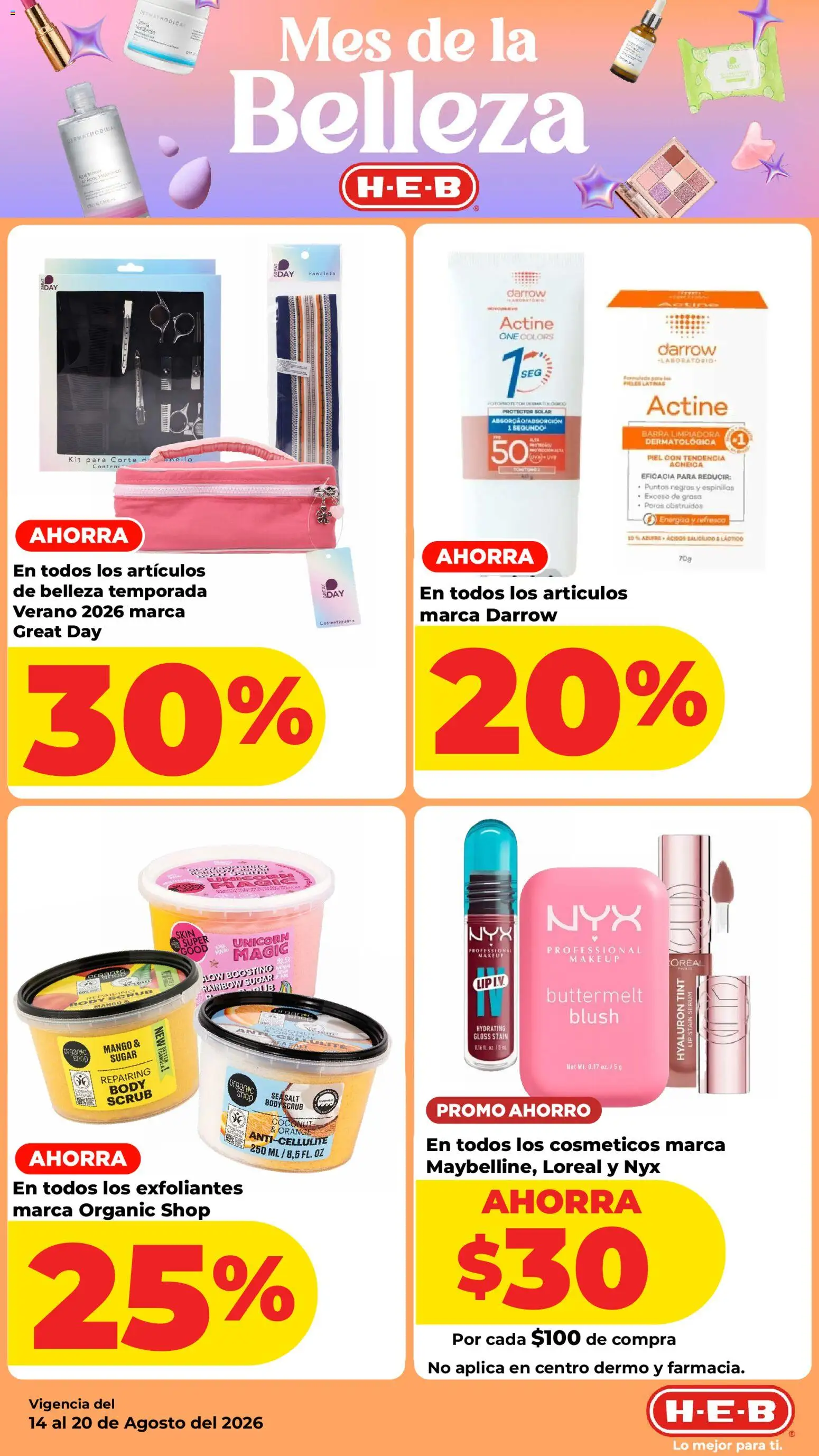 Nuevas ofertas de H-E-B válidas en toda la República Mexicana desde el 14/08/2026. ¡Encuentra las mejores ofertas en H-E-B folleto! | Página: 9 | Productos: Mango, Barra, Body, Protector solar