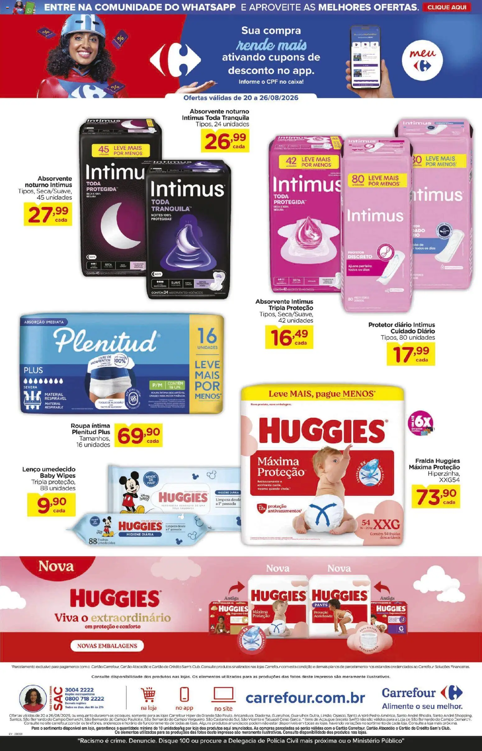 Carrefour Folheto - válido de 20/08/2026 | Página: 1 | Produtos: Lenço, Caixa, Algodão, Absorvente