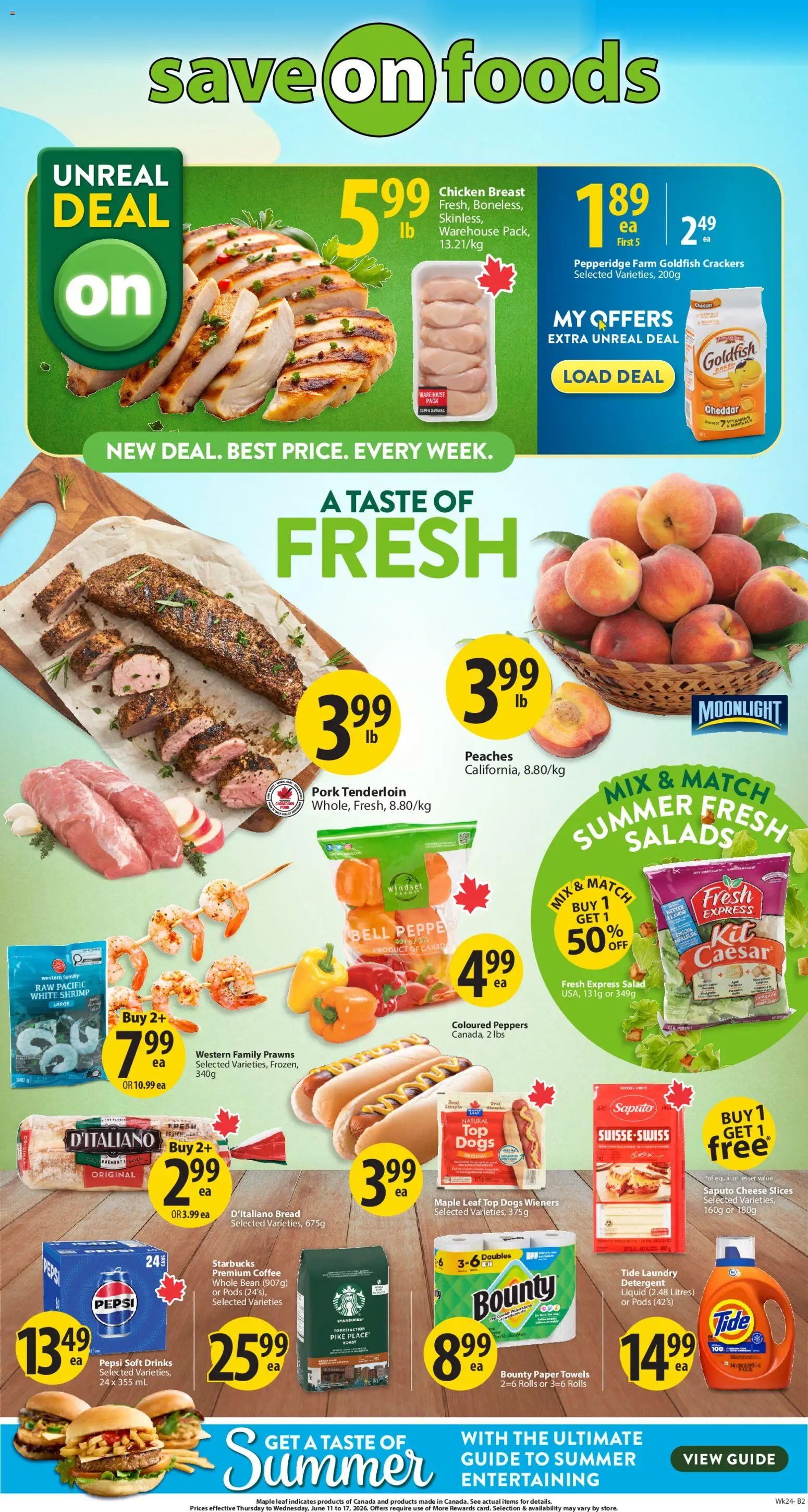 Save on foods flyer valid from 11.06.2026 | Page: 1 | Products: Salad, Detergent, Bread, Pork