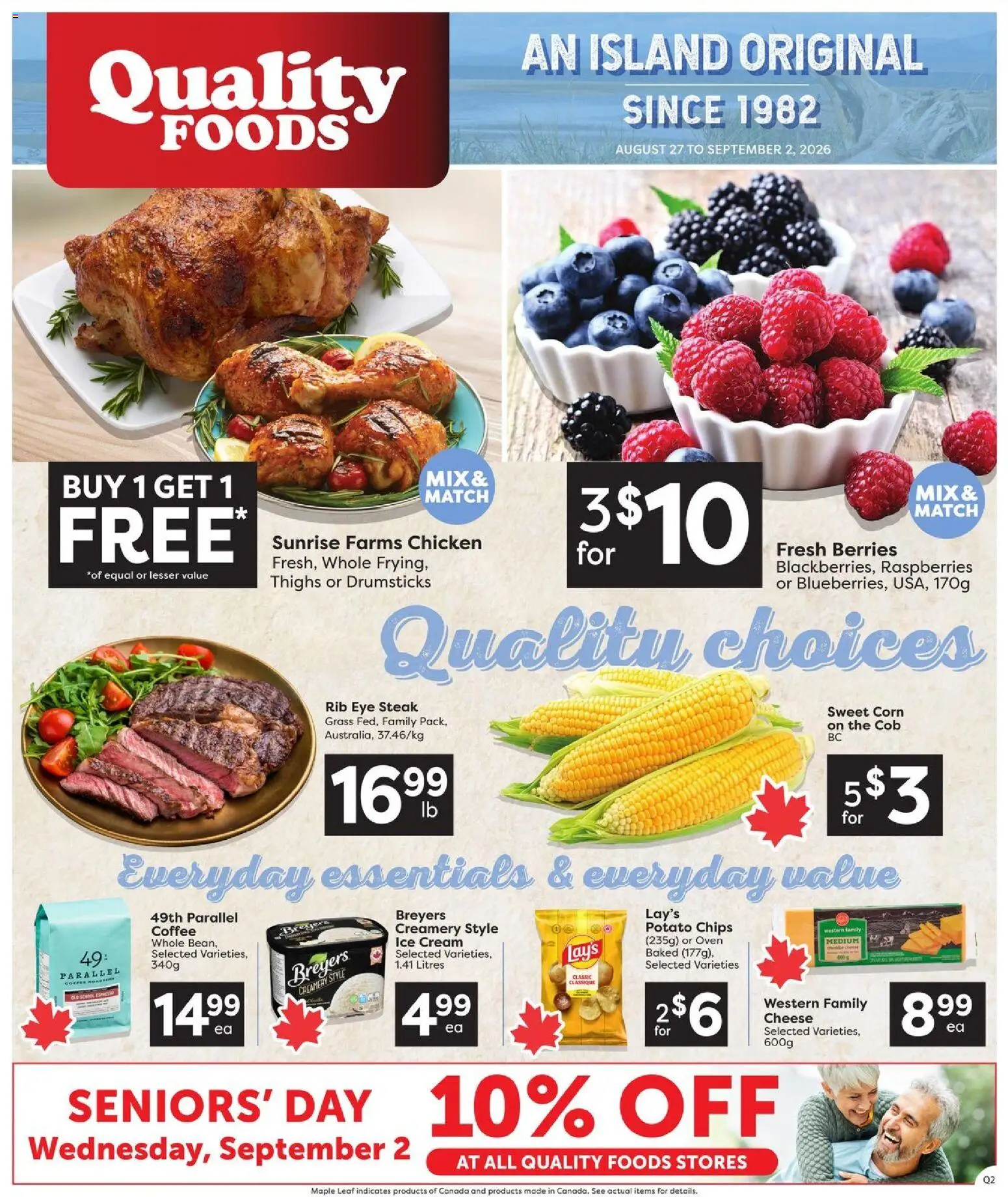 Quality Foods flyer valid from Aug 27, 2026 | Page: 1 | Products: Ice cream, Oven, Cheese, Chicken