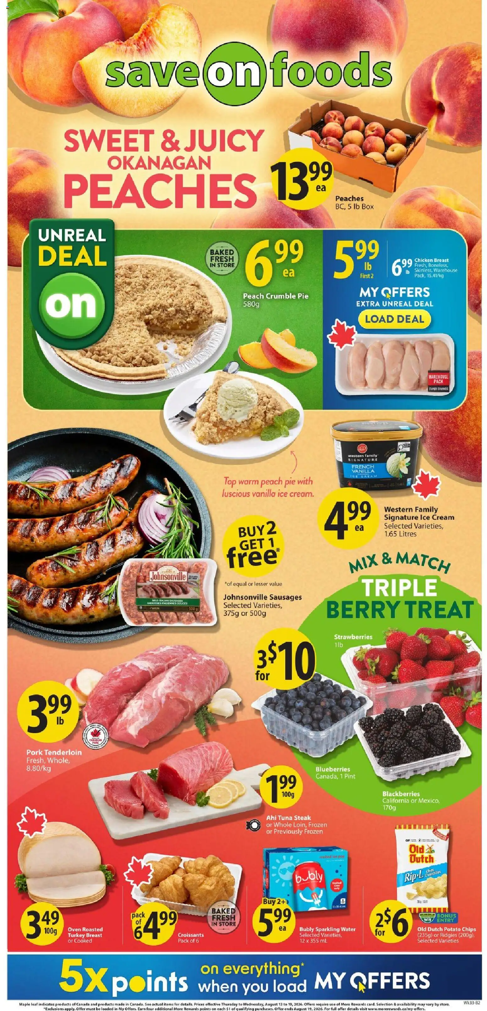 Save on foods flyer valid from Aug 13, 2026 | Page: 3 | Products: Chips, Sausages, Oven, Tuna