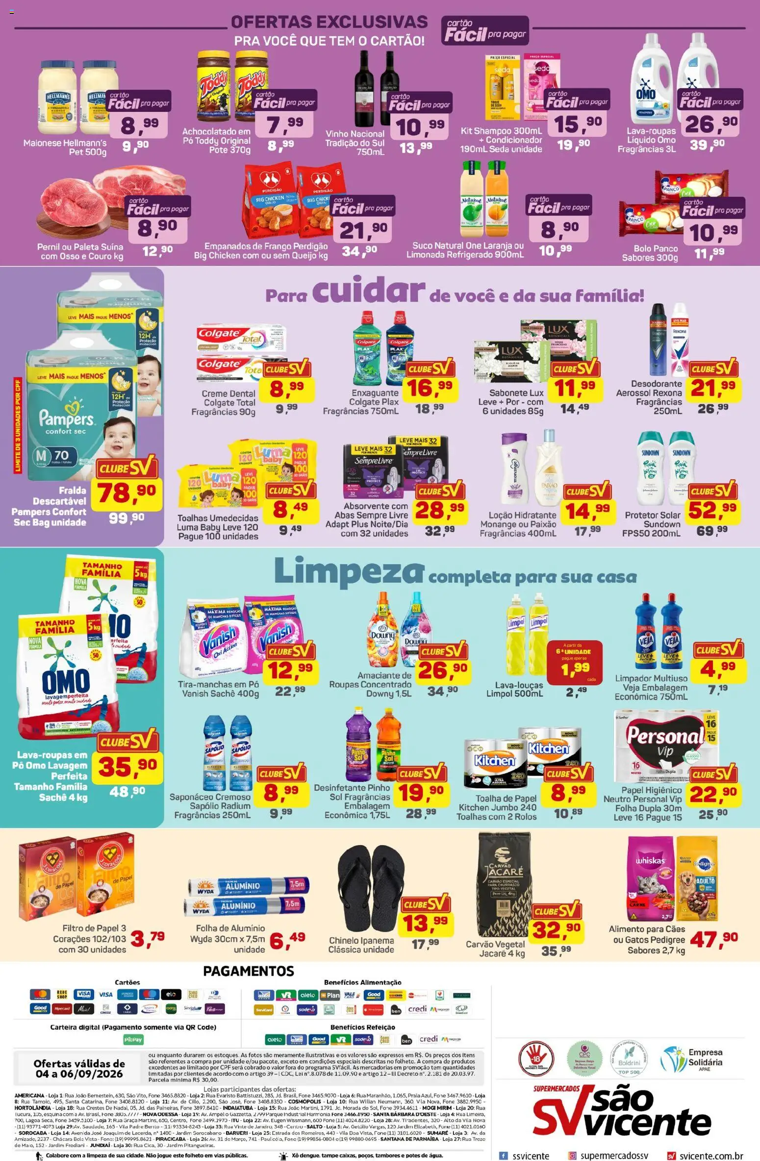 Supermercados São Vicente Folheto - válido de 04/09/2026 | Página: 4 | Produtos: Pampers, Protetor solar, Queijo, Absorvente