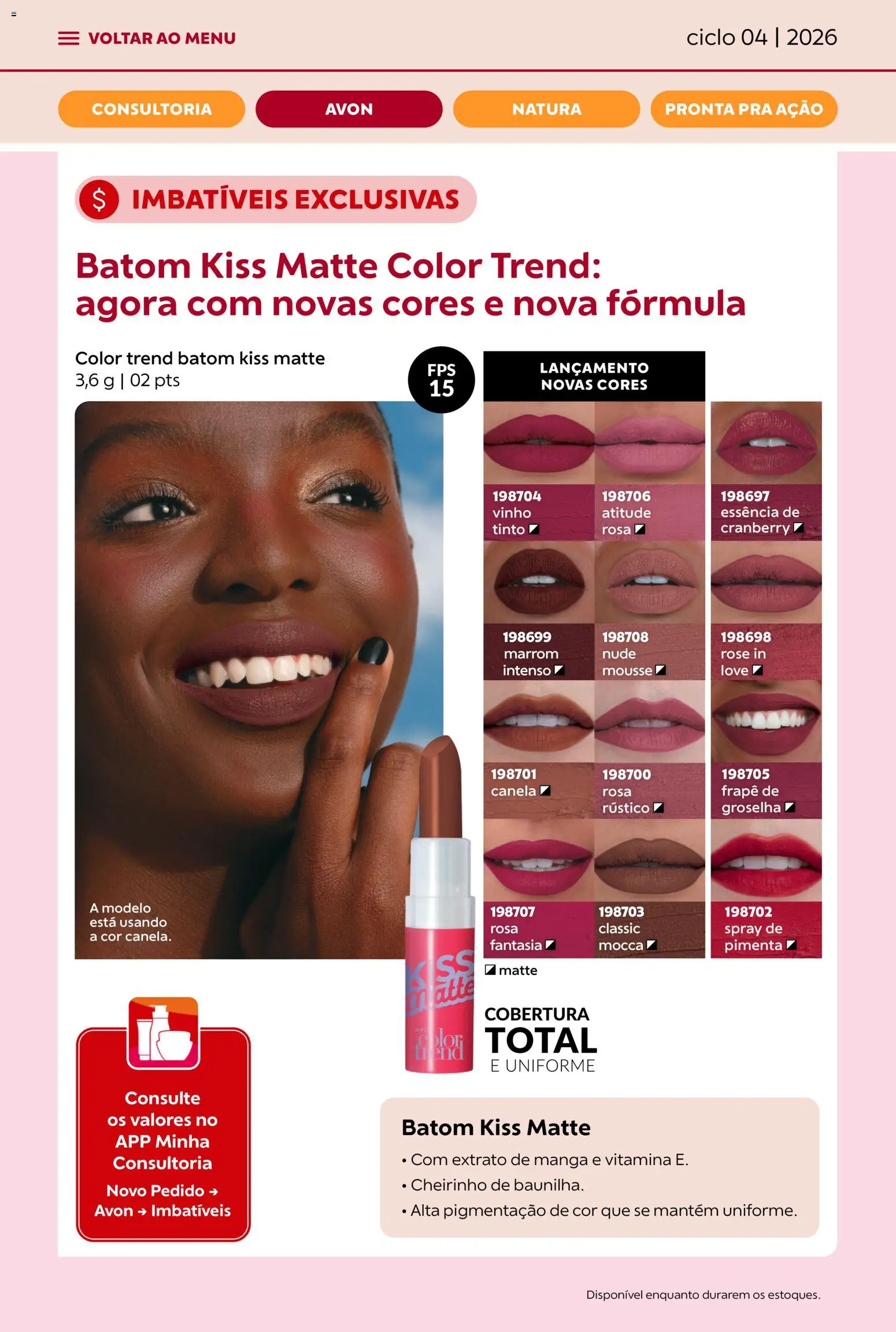 Avon Folheto - válido de 18.02.2026 | Página: 22 | Produtos: Mousse, Batom, Vinho, Canela