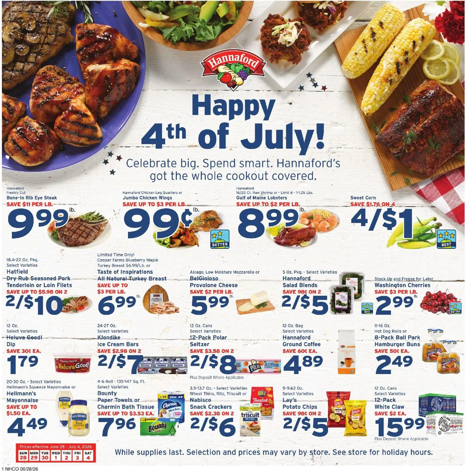 Hannaford Weekly Ad - valid from 06/28/2026 | Page: 1 | Products: Corn, Cherries, Cream, Salad