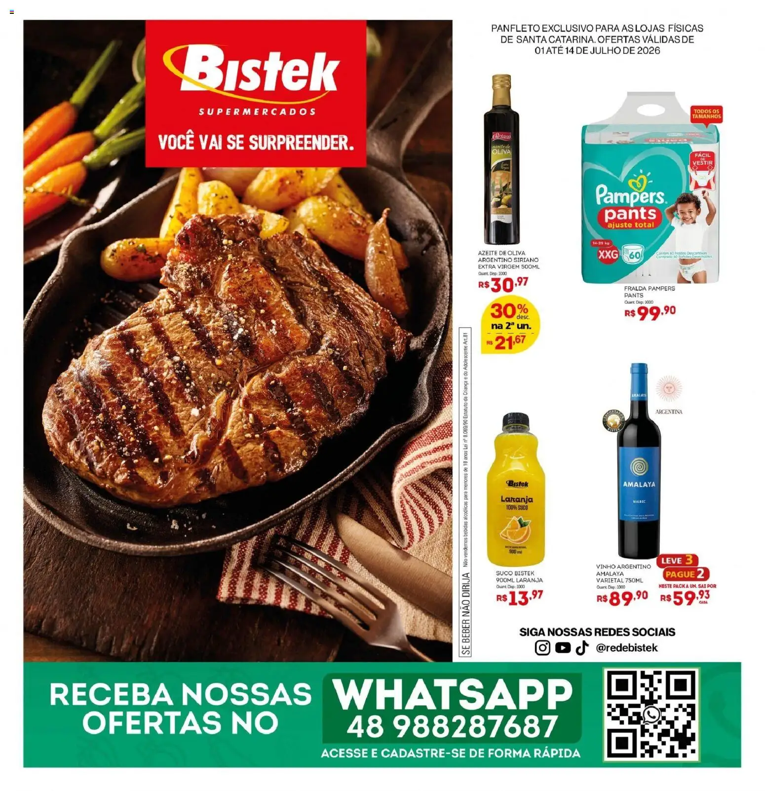 Bistek Supermercados Folheto - válido de 01/07/2026 | Página: 1 | Produtos: Pampers, Suco, Vinho, Azeite