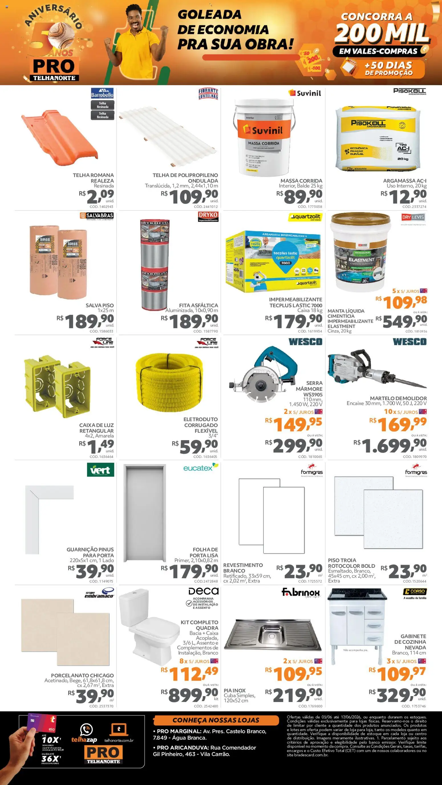 Telhanorte Folheto - válido de 03.06.2026 | Página: 2 | Produtos: Argamassa, Impermeabilizante, Porcelanato, Martelo