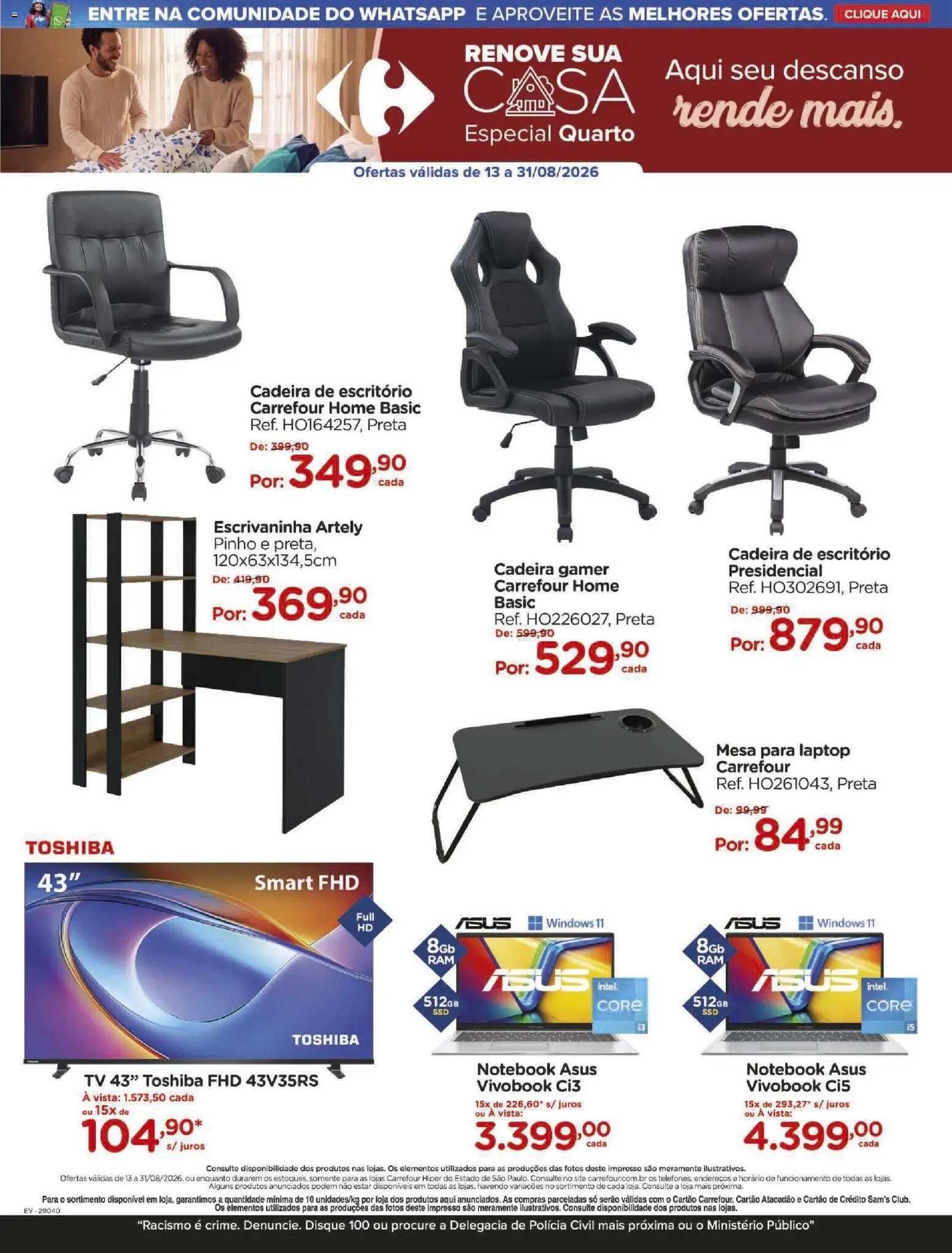 Carrefour Folheto - válido de 13/08/2026 | Página: 3 | Produtos: Notebook, Laptop, Cadeira gamer, Mesa