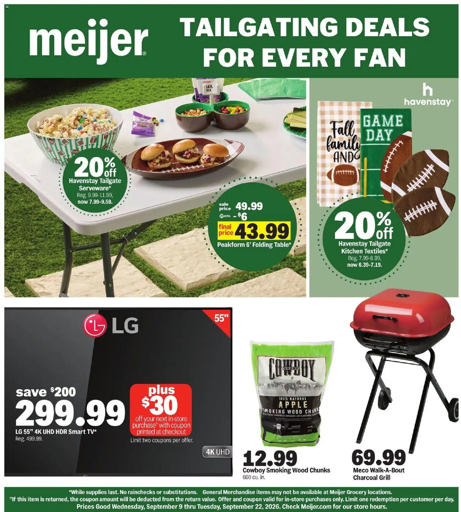Meijer Tailgating Deals For Every Fan - valid from 09/09/2026 | Page: 1 | Products: Charcoal, Game, Grill, Fan