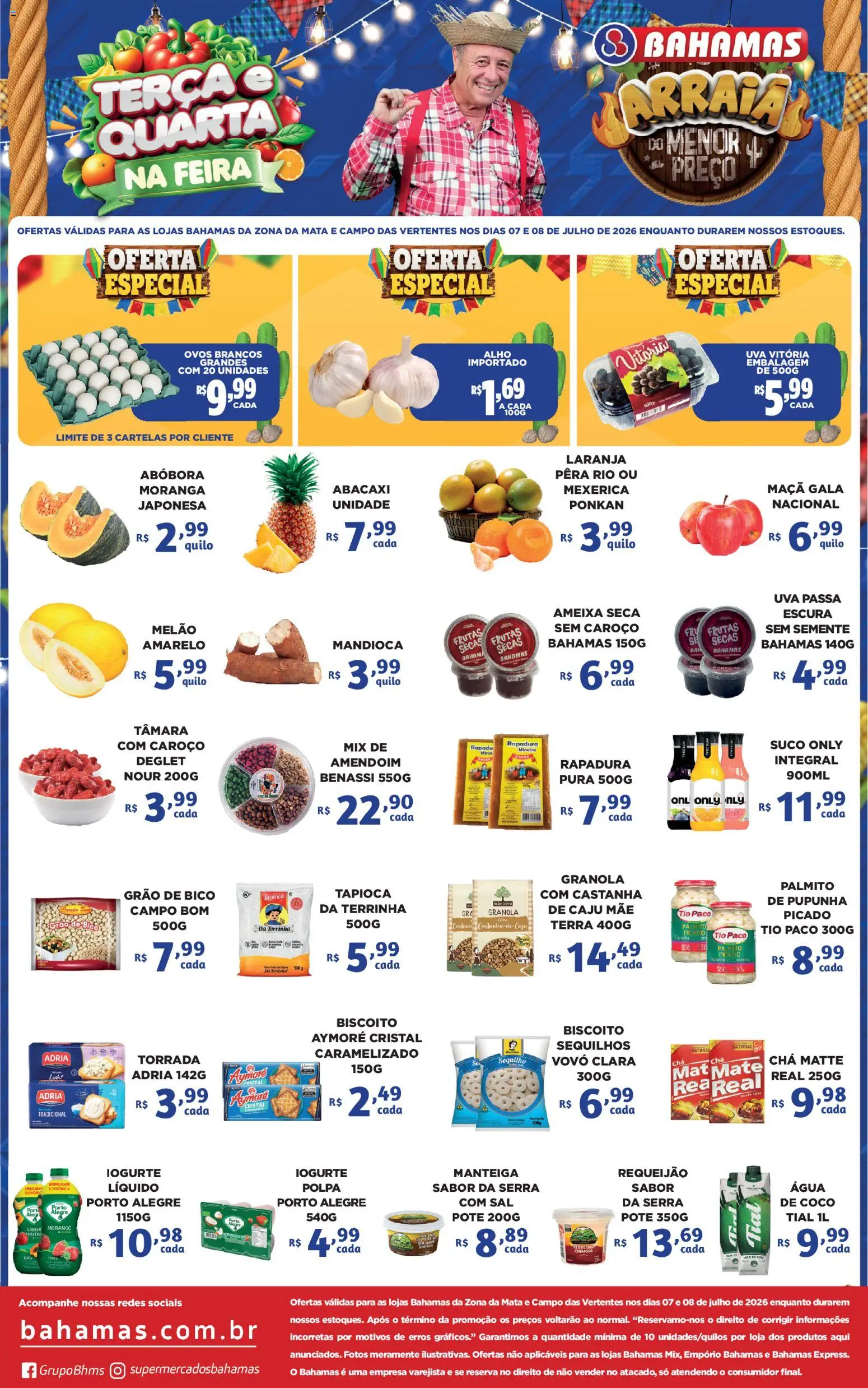 Bahamas Supermercados Folheto - válido de 07/07/2026 | Página: 1 | Produtos: Mandioca, Palmito, Manteiga, Uva passa