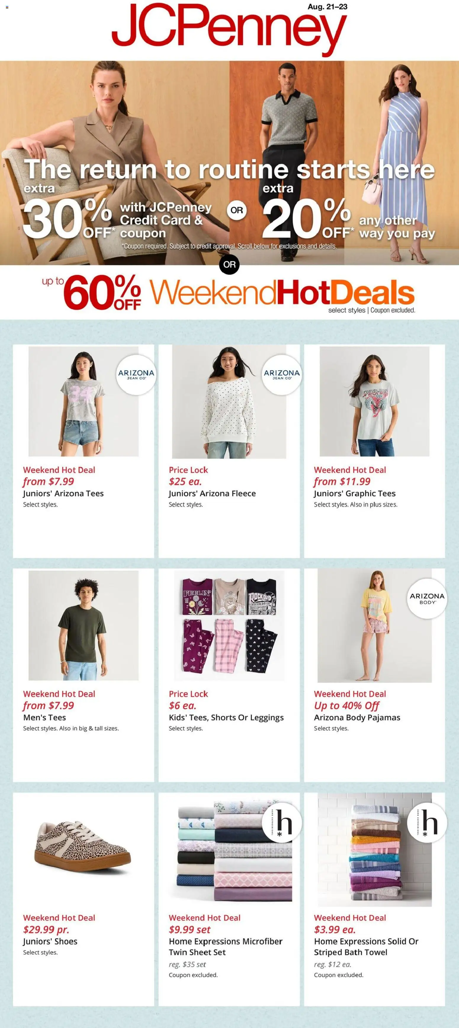 JCPenney Ad - valid from 08/21/2026 | Page: 1 | Products: Bath, Shorts, Leggings, Sheet