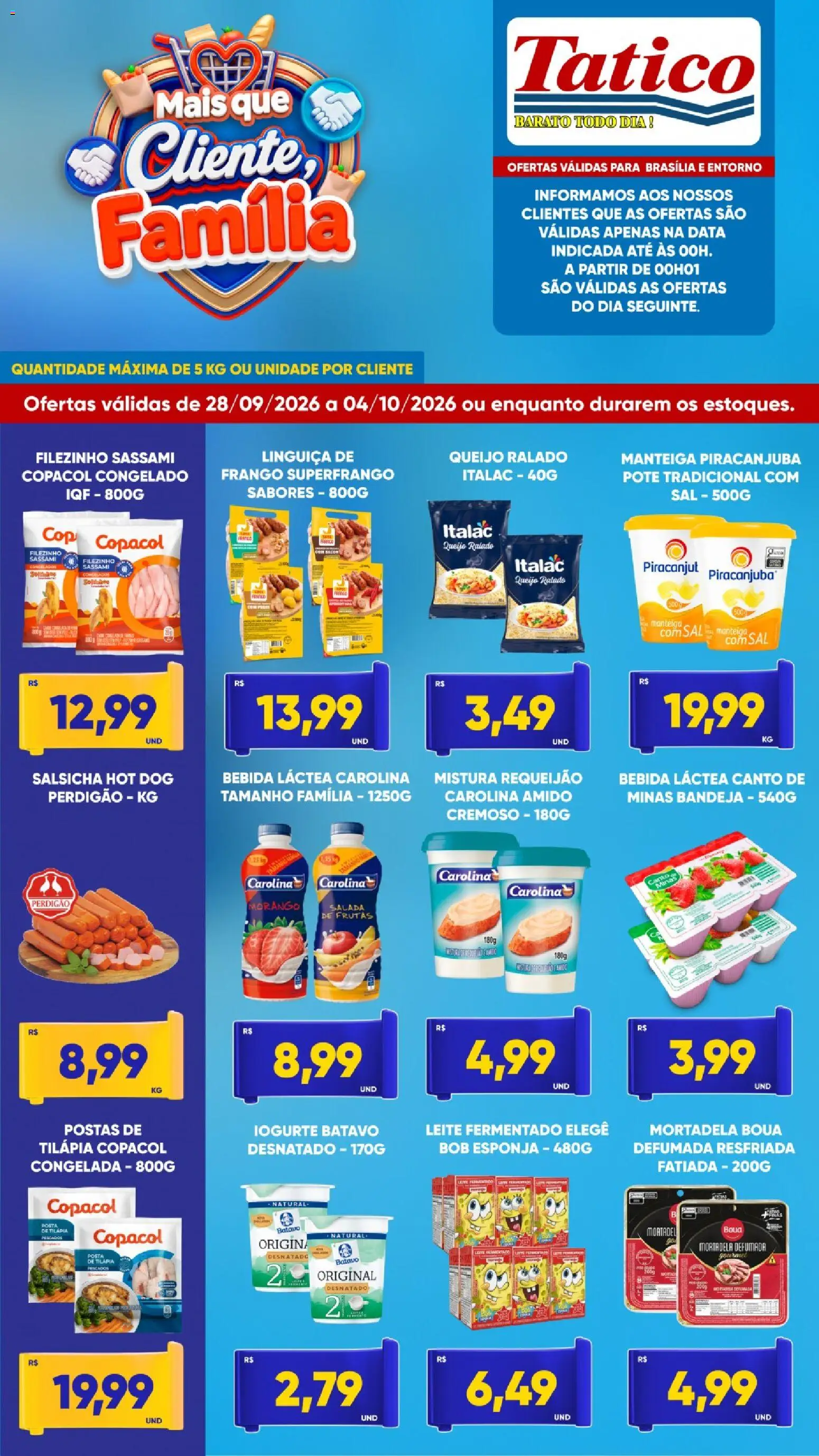 Tatico Folheto - válido de 28/09/2026 | Página: 1 | Produtos: Iogurte, Tilápia, Bebida, Bandeja