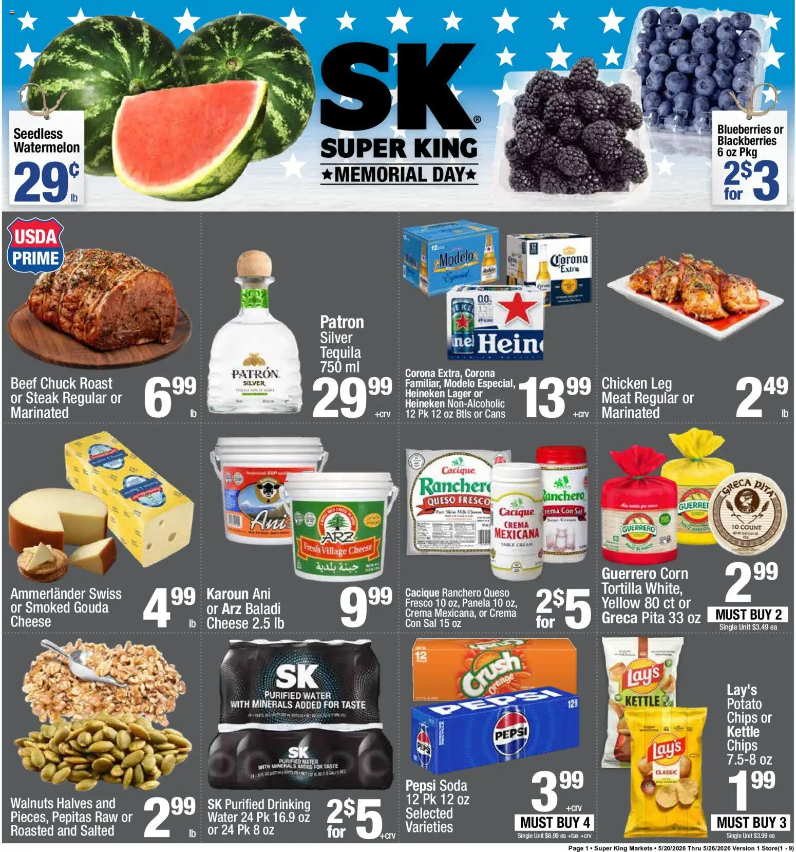 Super King Weekly Ad - valid from 20.05.2026 | Page: 1 | Products: Corn, Water, Blueberries, Kettle