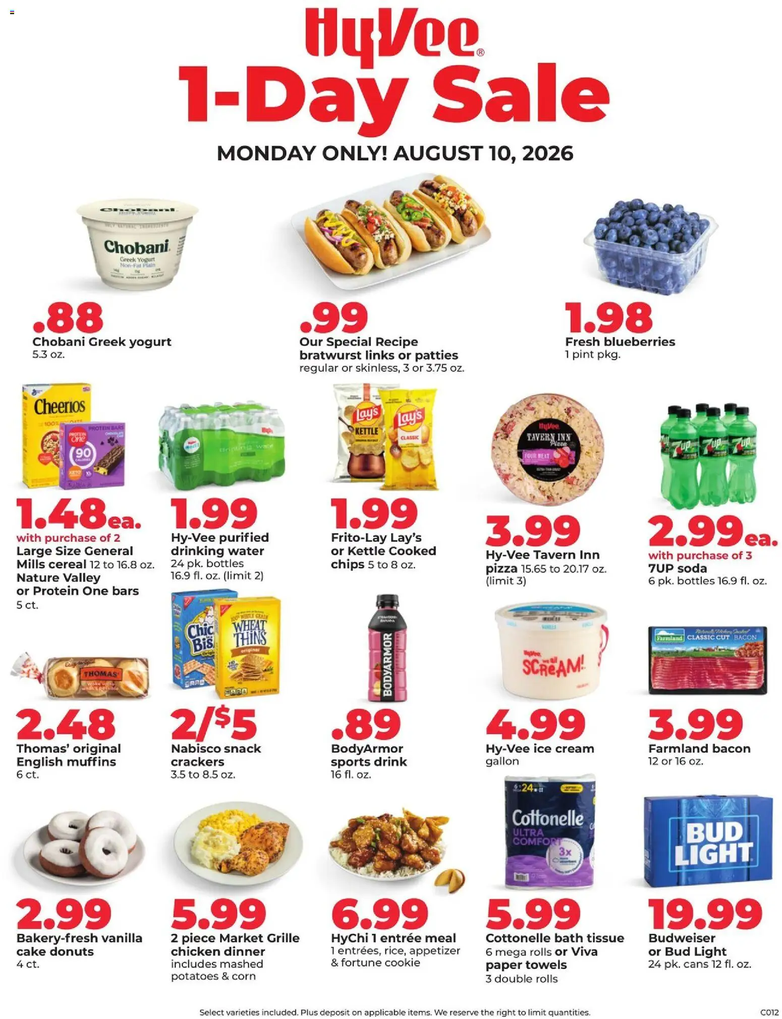 HyVee Special Sales - valid from 08/10/2026 | Page: 1 | Products: Protein, Blueberries, Cereal, Sports drink
