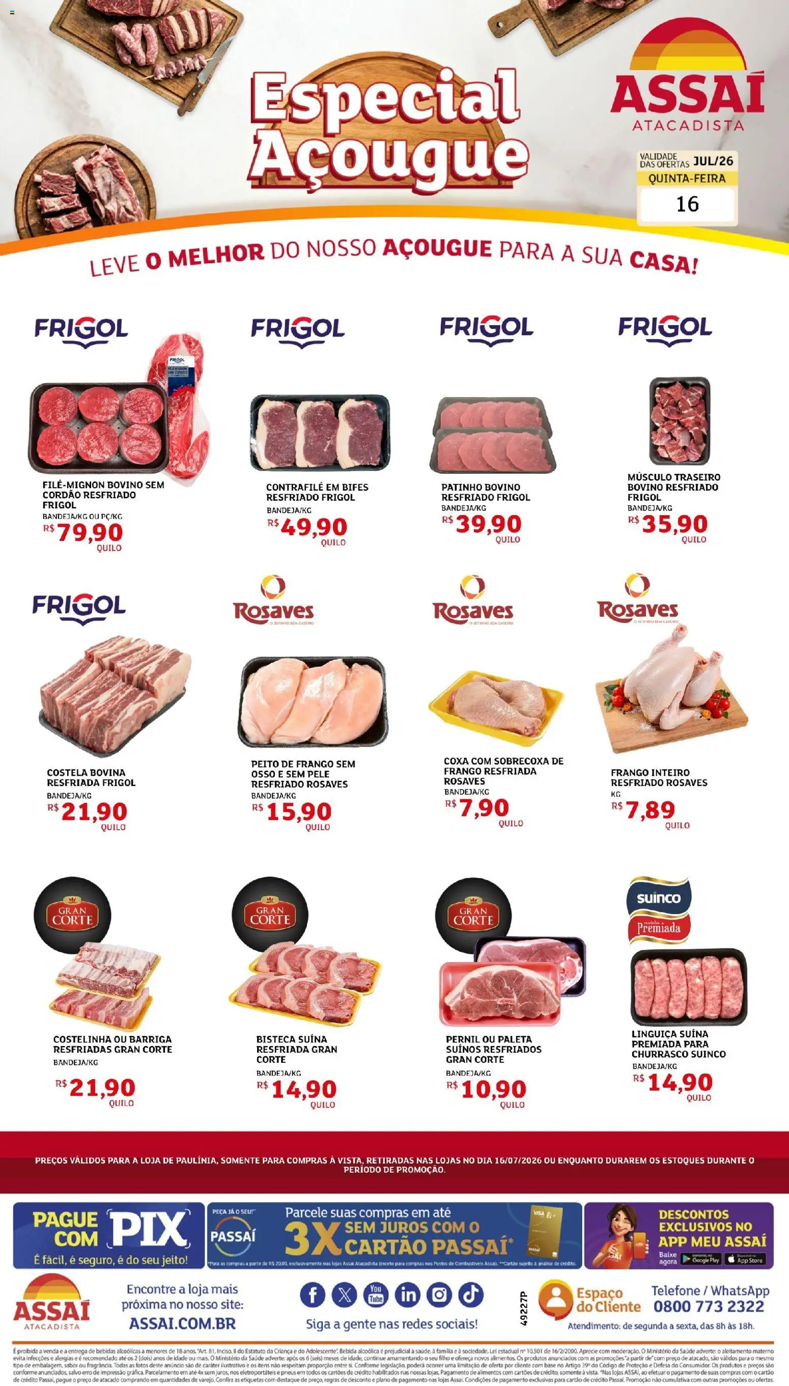Assaí Atacadista Folheto - válido de 16/07/2026 | Página: 1 | Produtos: Pernil, Pneus, Telefone, Frango