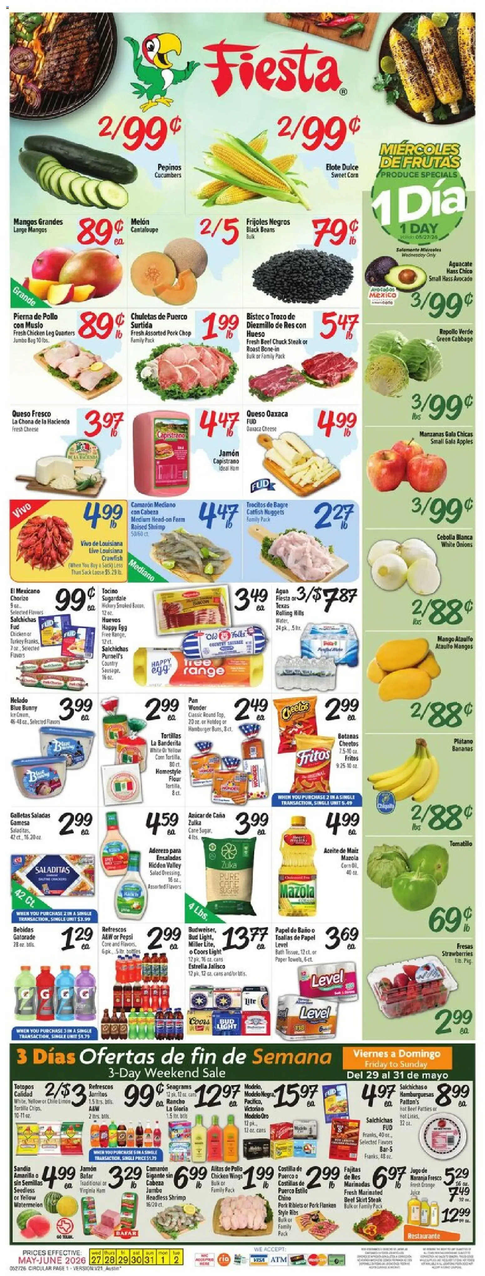 Fiesta Mart Weekly Ad - valid from 27.05.2026 | Page: 1 | Products: Cheese, Cucumbers, Cabbage, Melon
