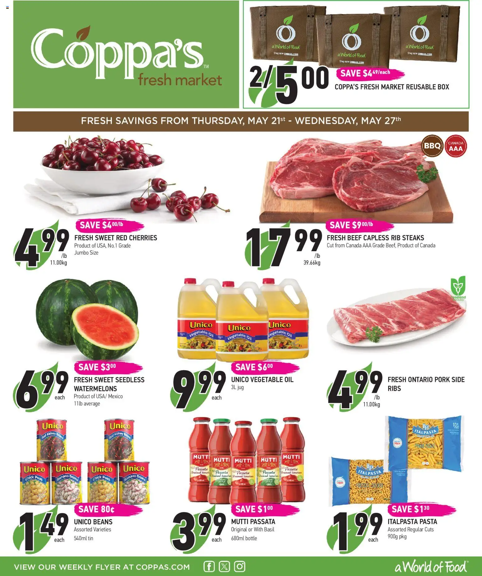 Coppas Fresh Market flyer valid from 21.05.2026 | Page: 1 | Products: Beef, Pasta, Pork, Tomatoes