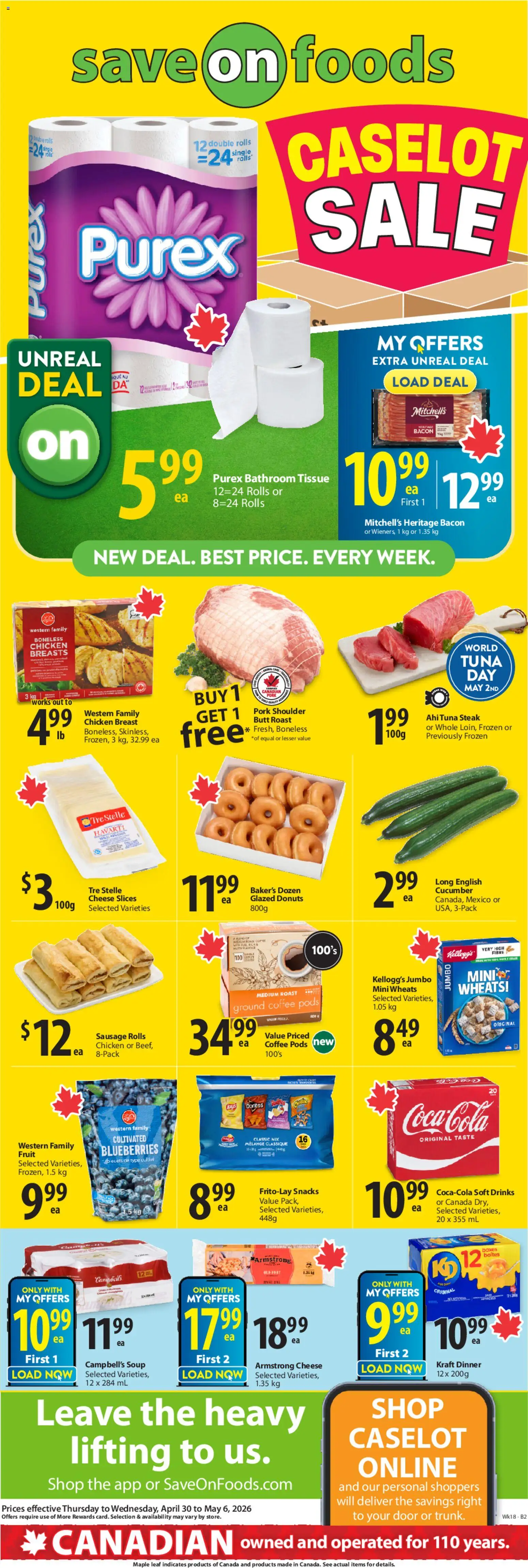 Save on foods flyer valid from 30.04.2026 | Page: 2 | Products: Cheese, Coffee, Chicken, Pork