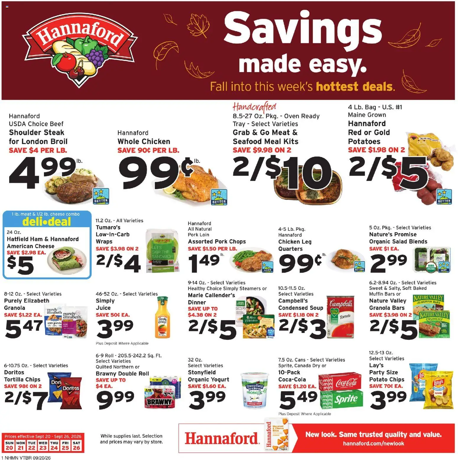 Hannaford Weekly Ad - valid from 09/20/2026 | Page: 1 | Products: Pork loin, Meat, Cheese, Whole chicken