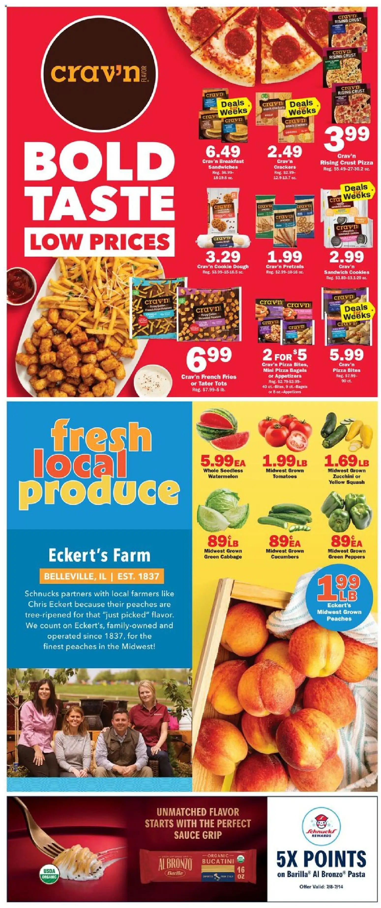 Schnucks Weekly Ad - valid from 07/08/2026 | Page: 2 | Products: Peaches, Peppers, Zucchini, Sauce