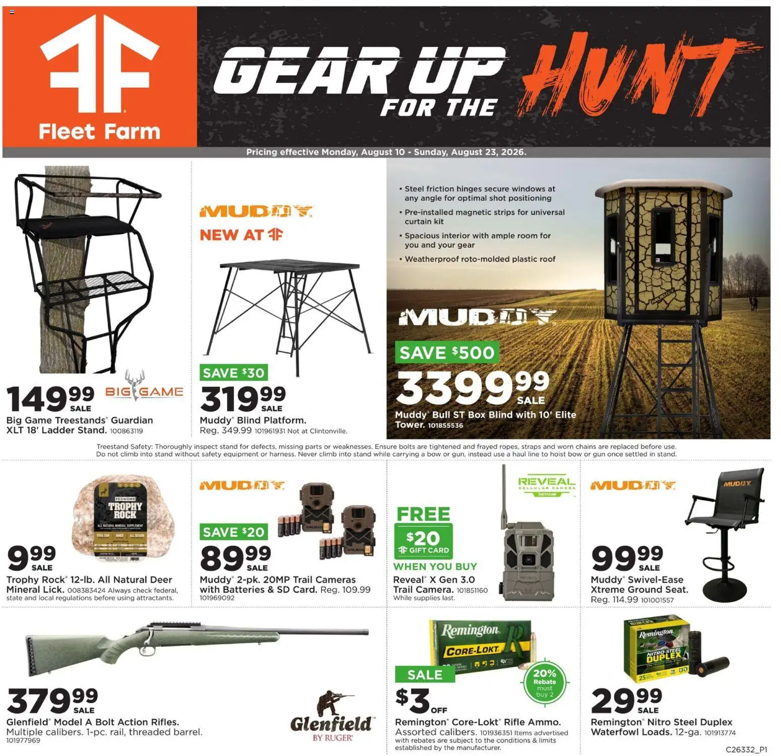 Mills Fleet Farm Ad - valid from 08/10/2026 | Page: 1 | Products: Ladder, Box, Bolts, Rifle