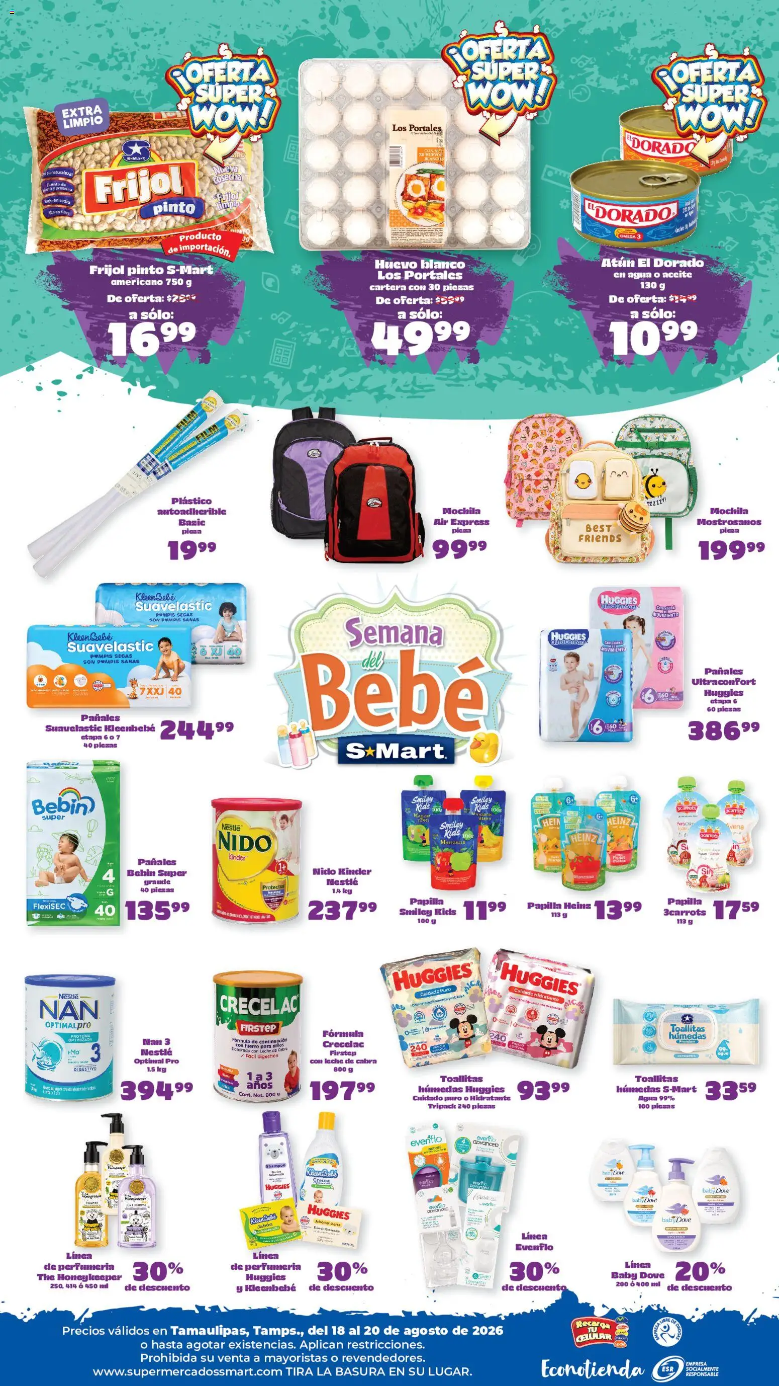Nuevas ofertas de S-Mart válidas en toda la República Mexicana desde el 18/08/2026. ¡Encuentra las mejores ofertas en S-Mart folleto Ofertas de feria Nuevo Laredo! | Página: 2 | Productos: Mochila, Toallitas húmedas, Omega 3, Jabón