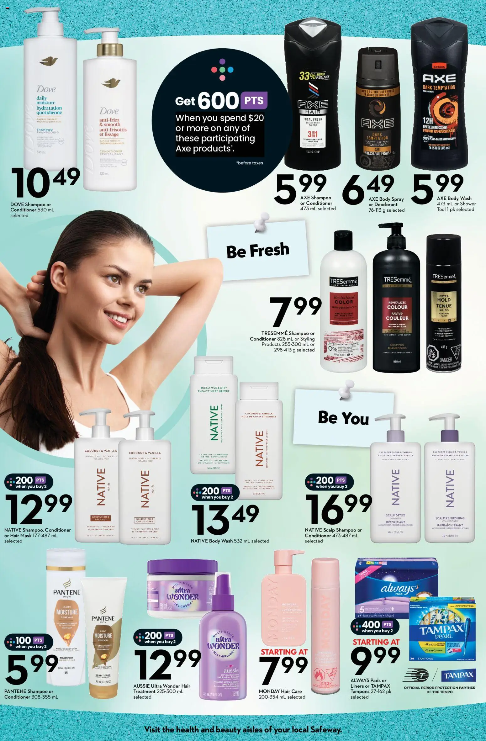 Safeway flyer valid from Aug 13, 2026 | Page: 3 | Products: Shampoo, Mask, Tampons, Ingredients