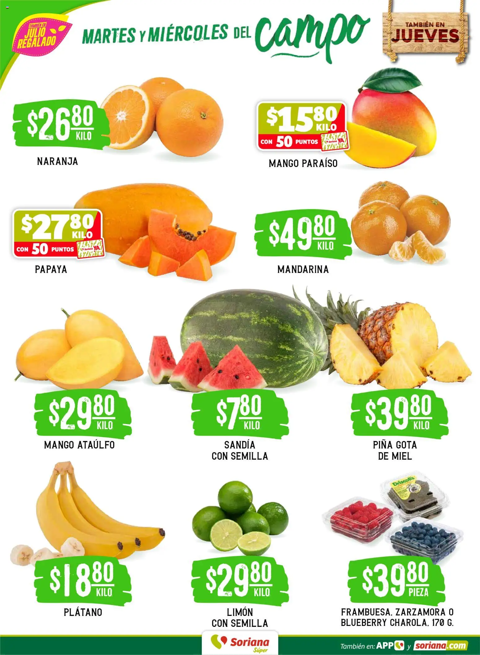 Nuevas ofertas de Soriana válidas en toda la República Mexicana desde el 16.06.2026. ¡Encuentra las mejores ofertas en Soriana Martes y Miércoles del Campo Súper: Saltillo y Torreón! | Página: 2 | Productos: Plátano, Sandía, Limón, Mango