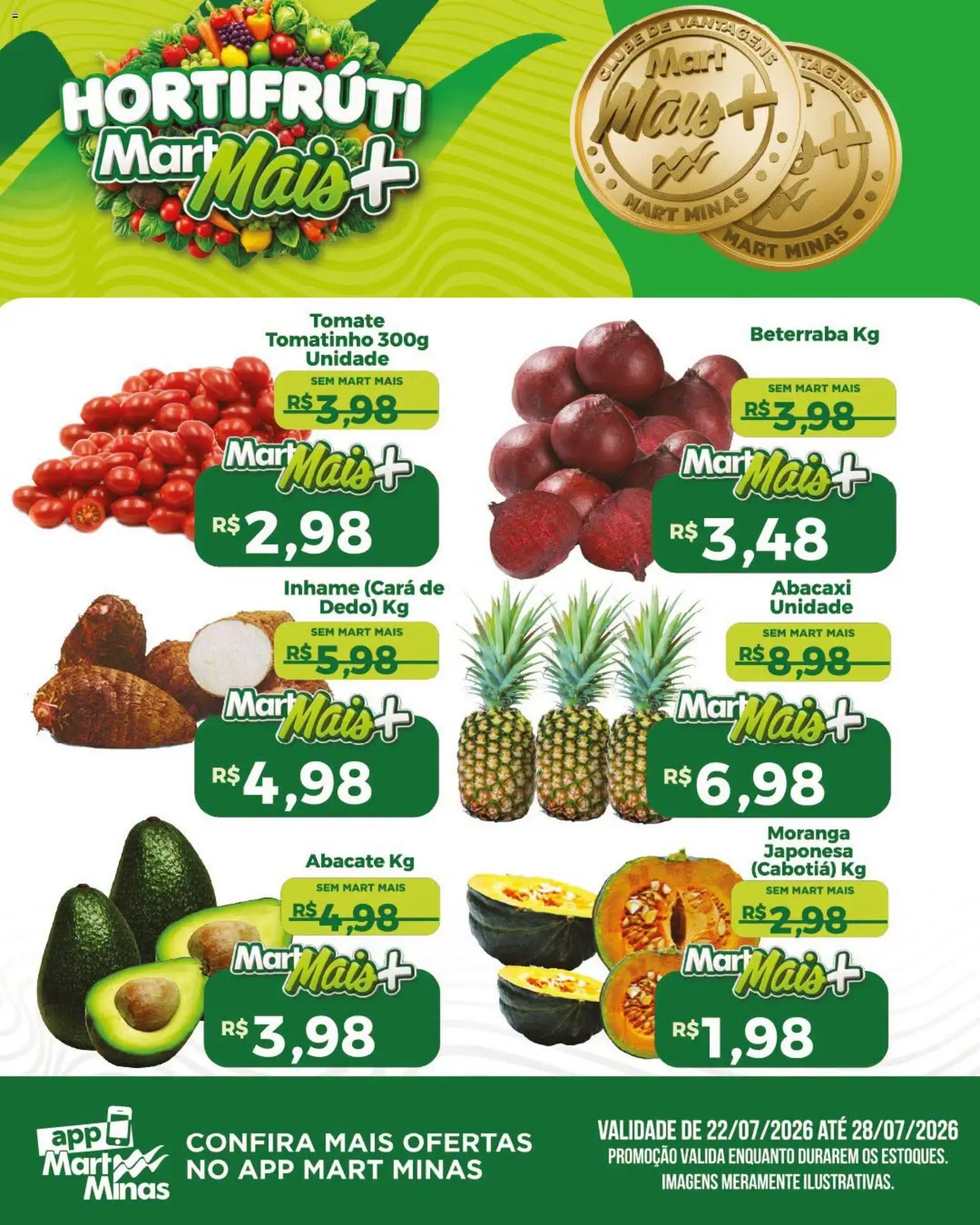 Mart Minas Folheto - válido de 22/07/2026 | Página: 1 | Produtos: Moranga, Cará, Inhame, Abacaxi